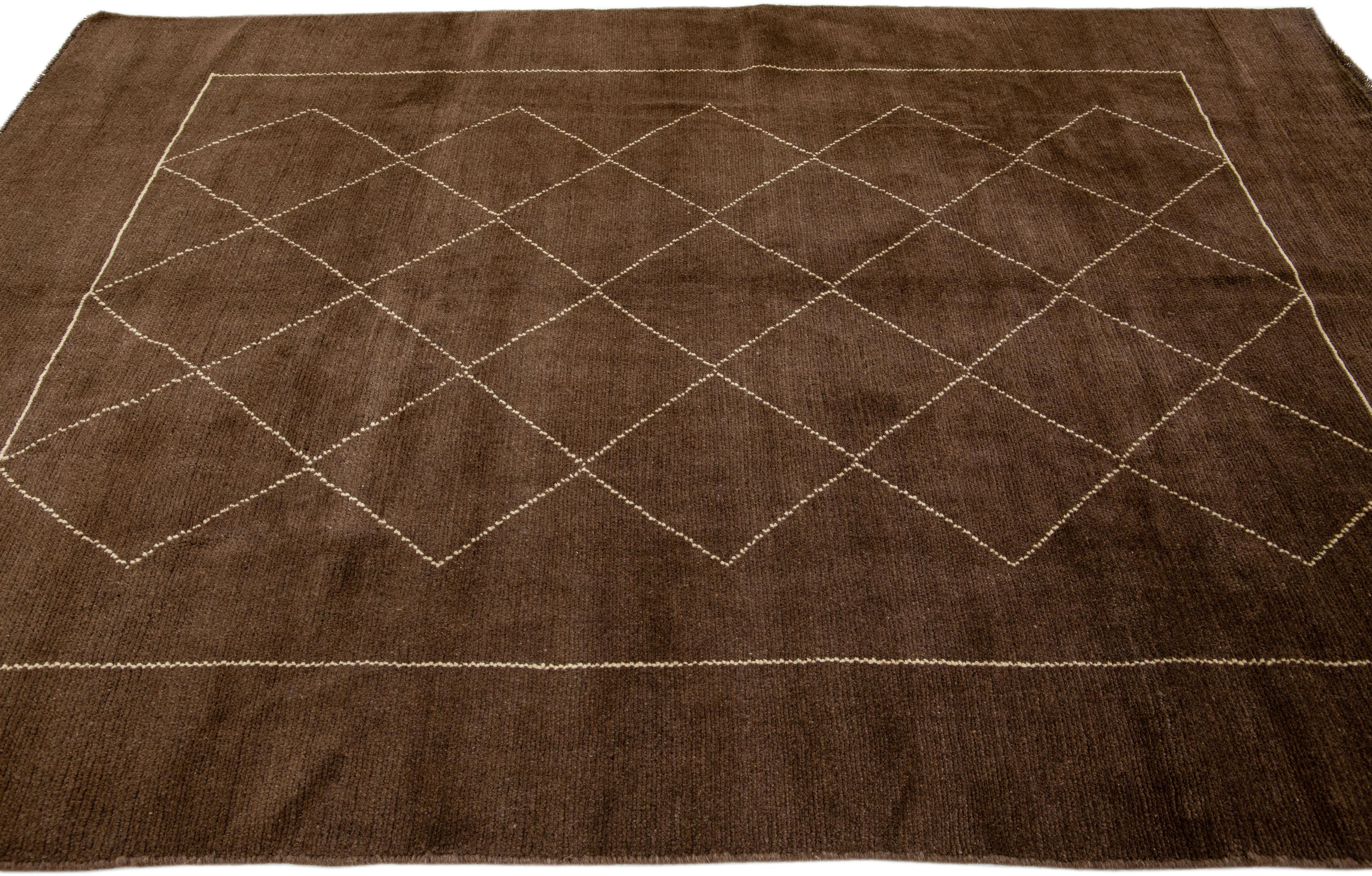 Contemporary Brown Modern Moroccan Style Handmade Tribal Pattern Wool Rug by Apadana For Sale