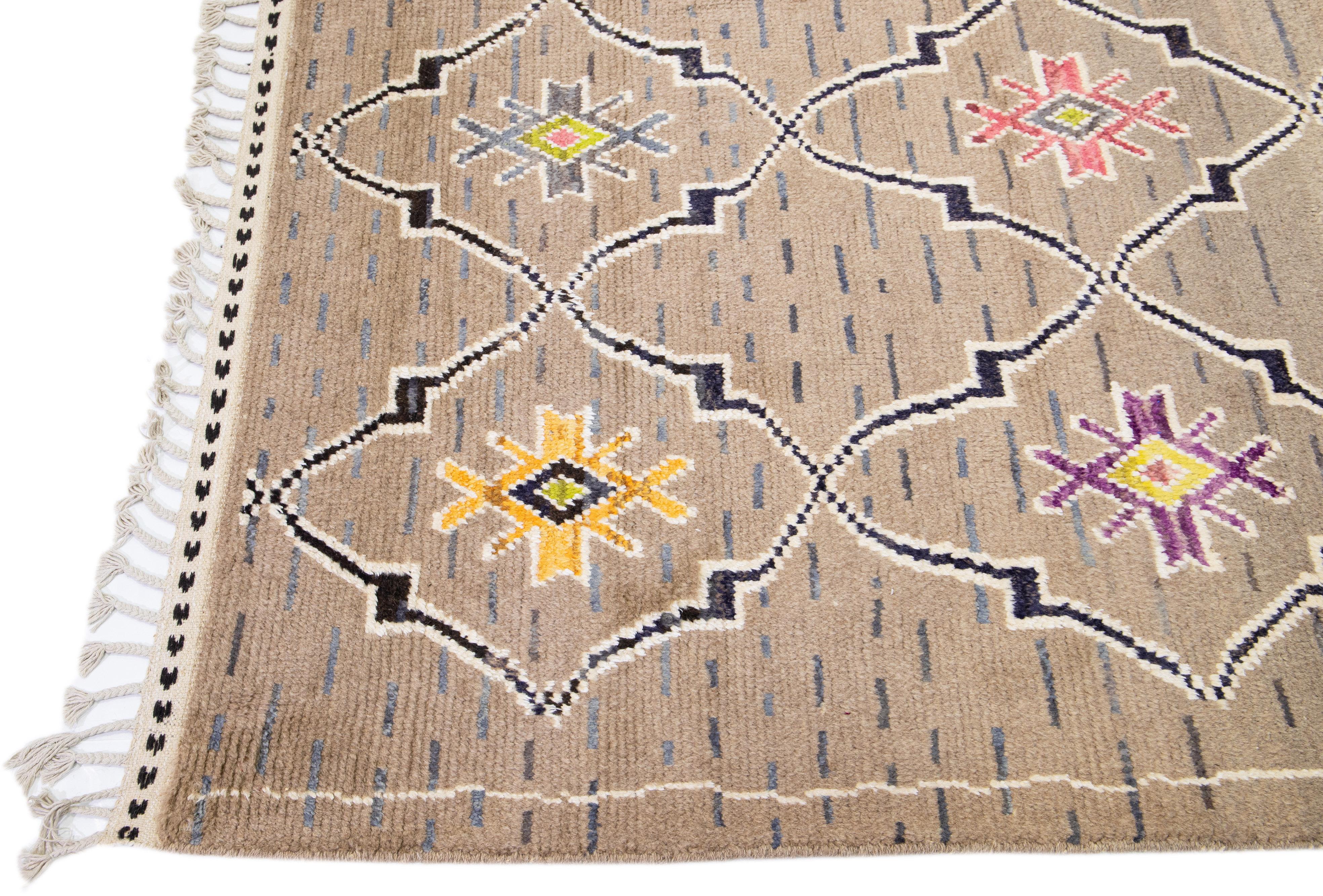 Hand-Knotted Brown Modern Moroccan Style Handmade Tribal Wool Rug For Sale