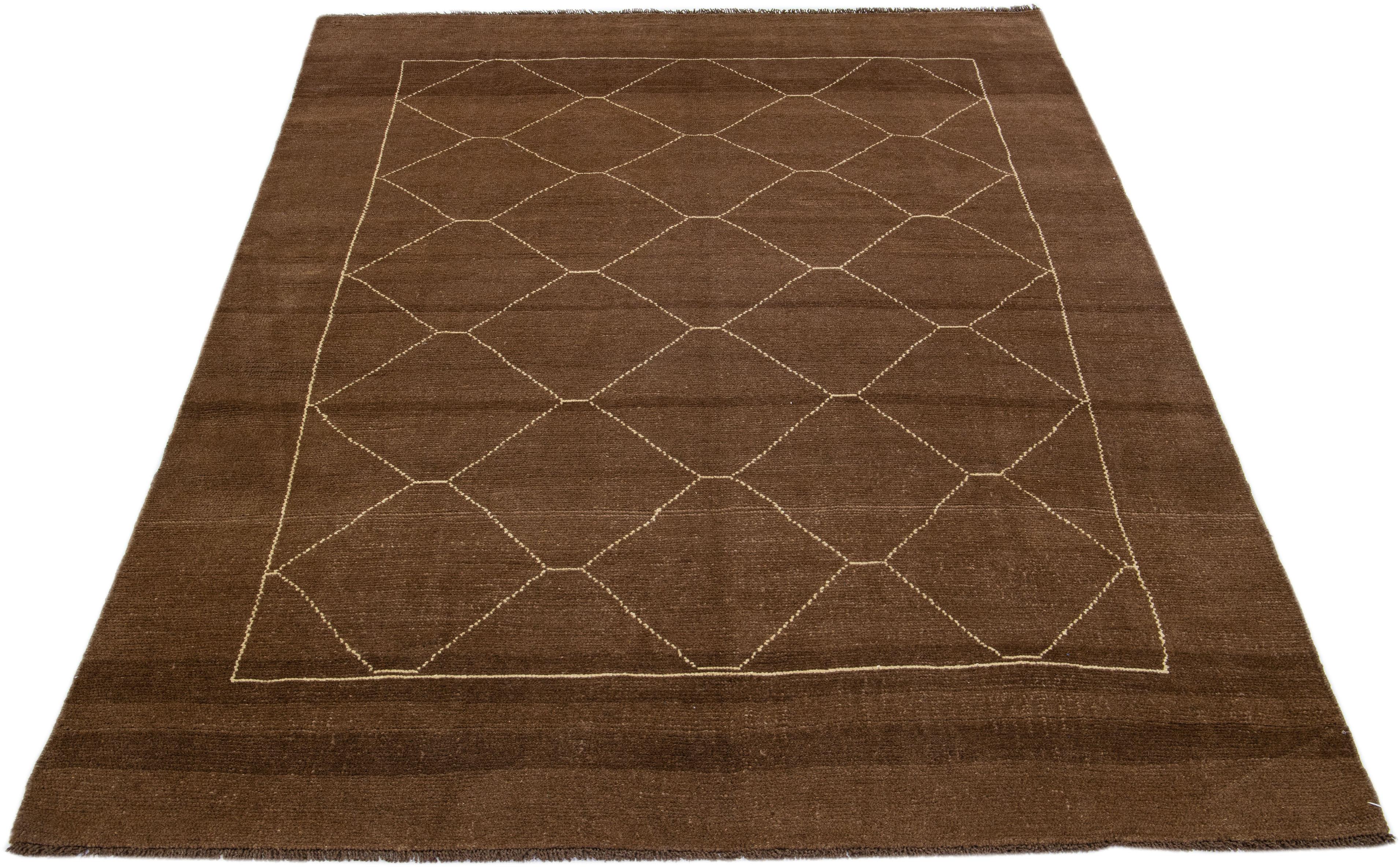 Afghan Brown Modern Moroccan Style Handmade Wool Rug with Geometric Motif by Apadana For Sale