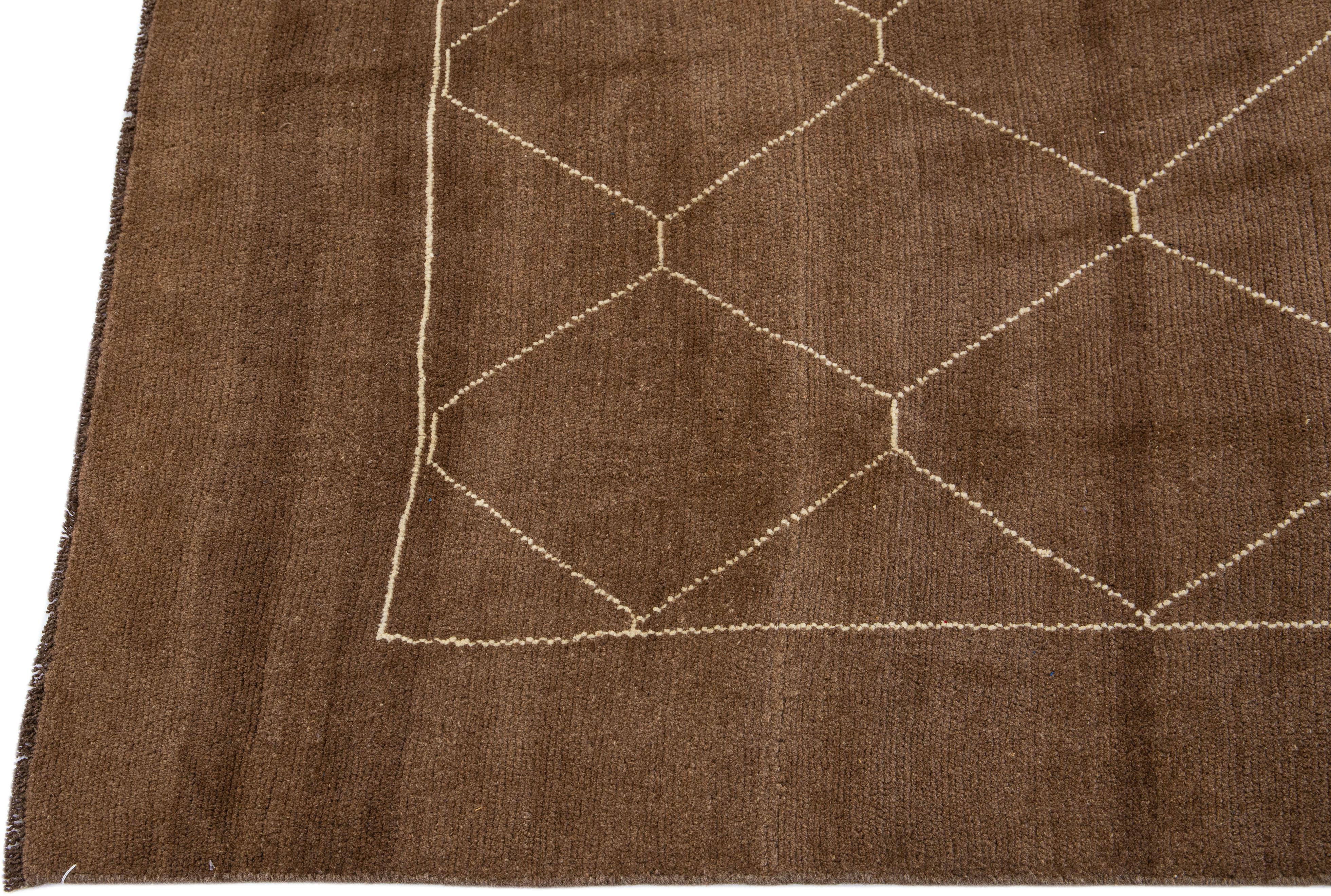 Hand-Knotted Brown Modern Moroccan Style Handmade Wool Rug with Geometric Motif by Apadana For Sale