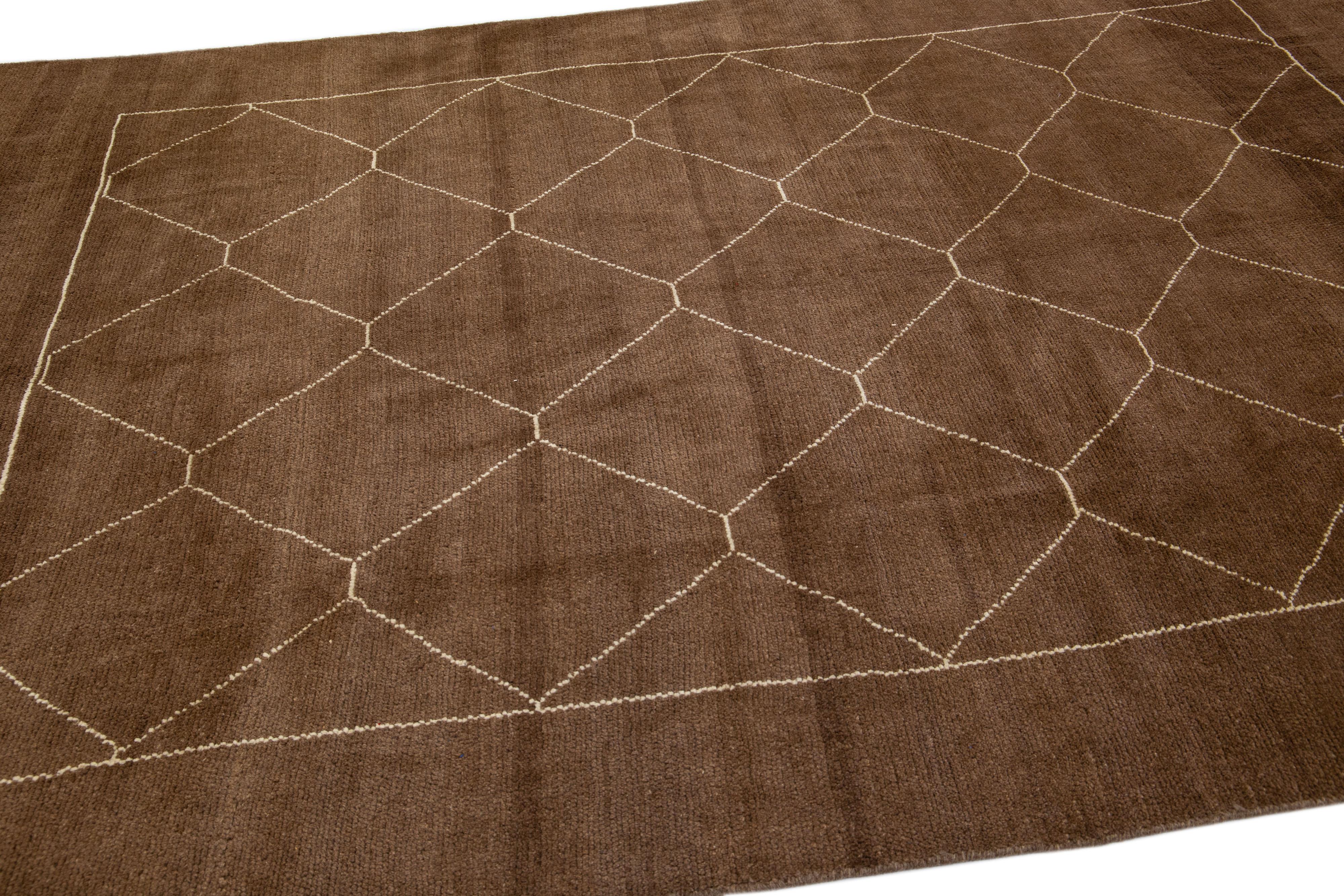 Brown Modern Moroccan Style Handmade Wool Rug with Geometric Motif by Apadana In New Condition For Sale In Norwalk, CT