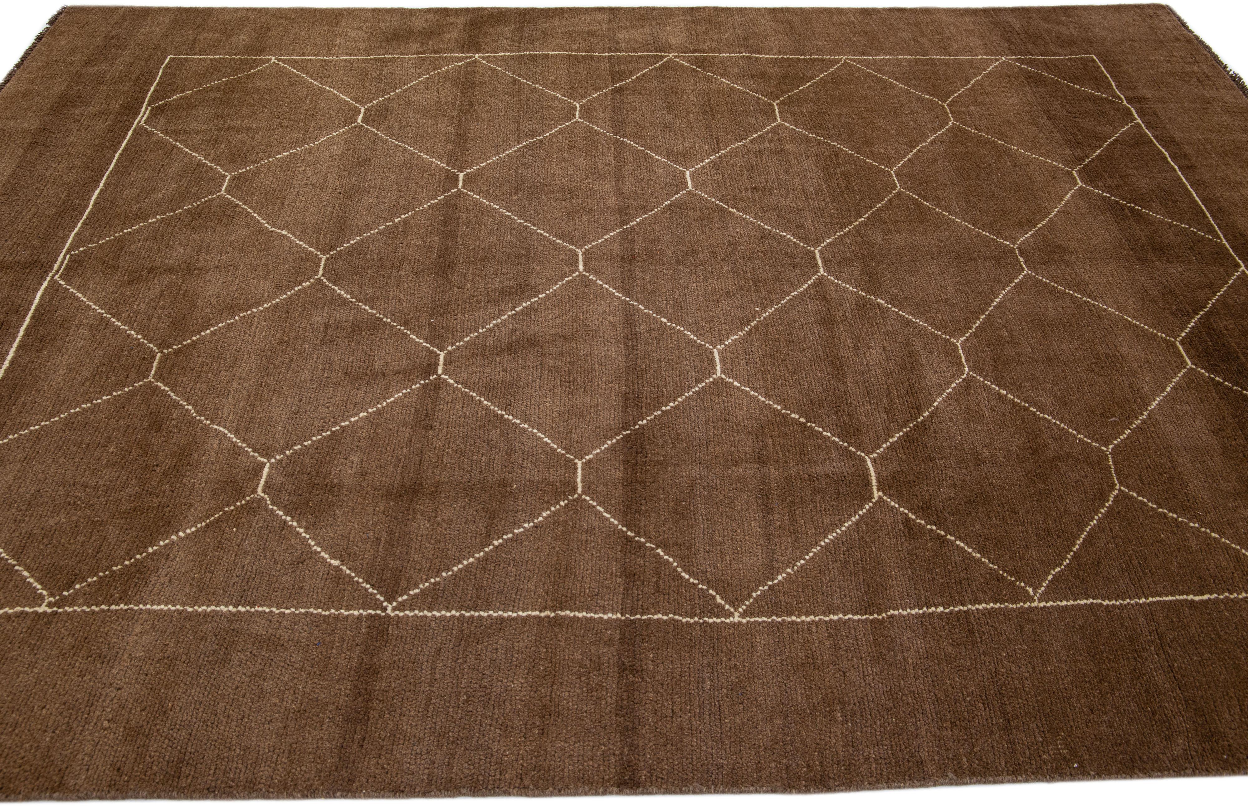 Contemporary Brown Modern Moroccan Style Handmade Wool Rug with Geometric Motif by Apadana For Sale