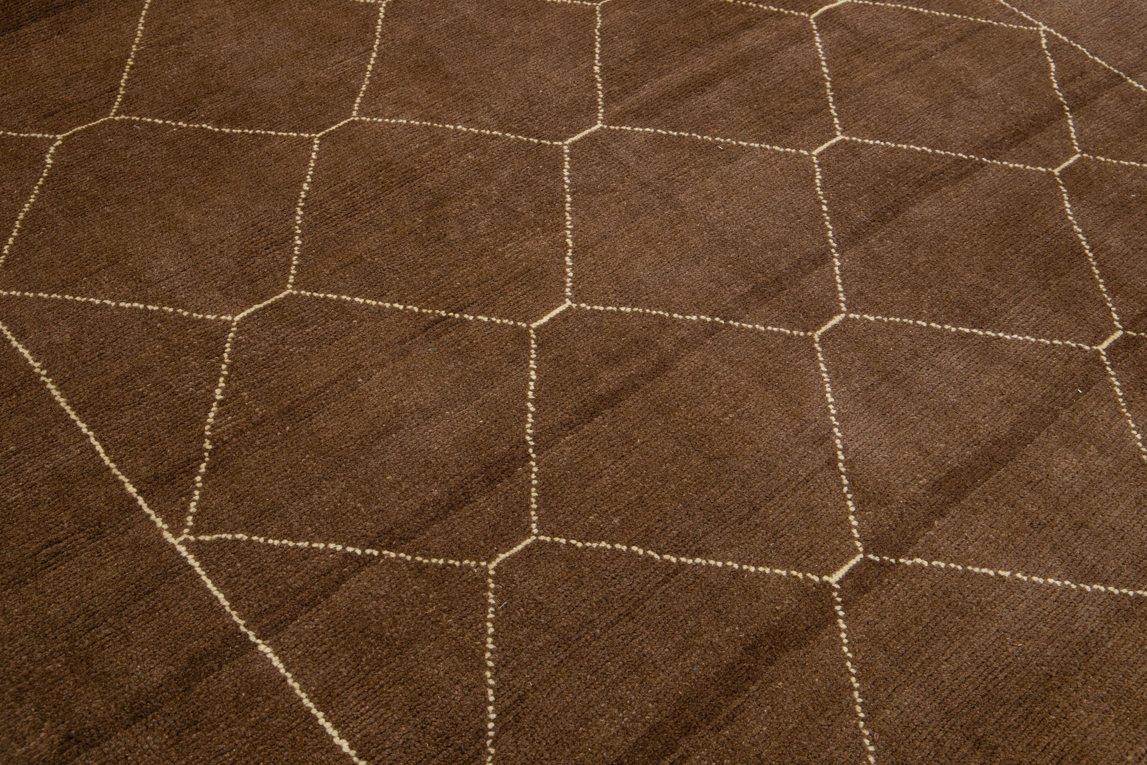 Brown Modern Moroccan Style Handmade Wool Rug with Geometric Motif by Apadana For Sale 1