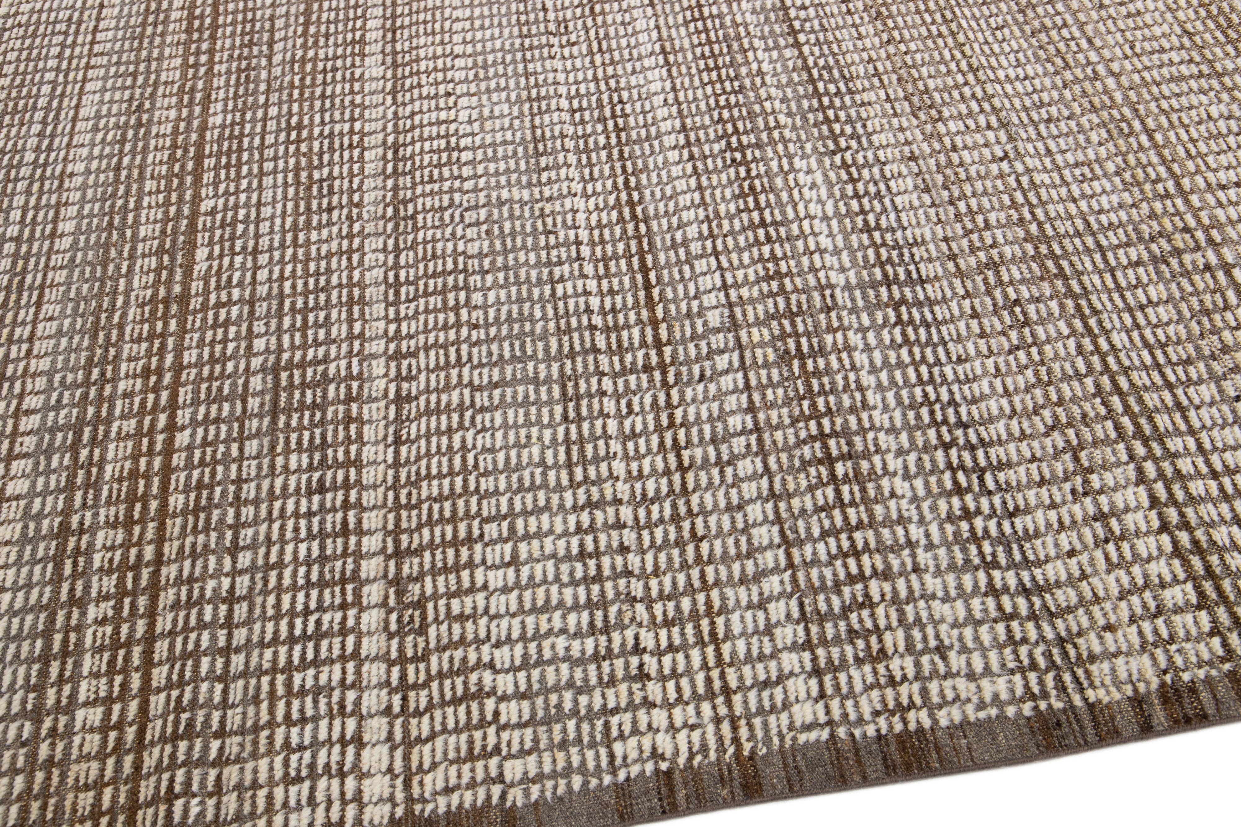 Brown Modern Moroccan Style Handmade Wool Rug with Subtle Pattern For Sale 1