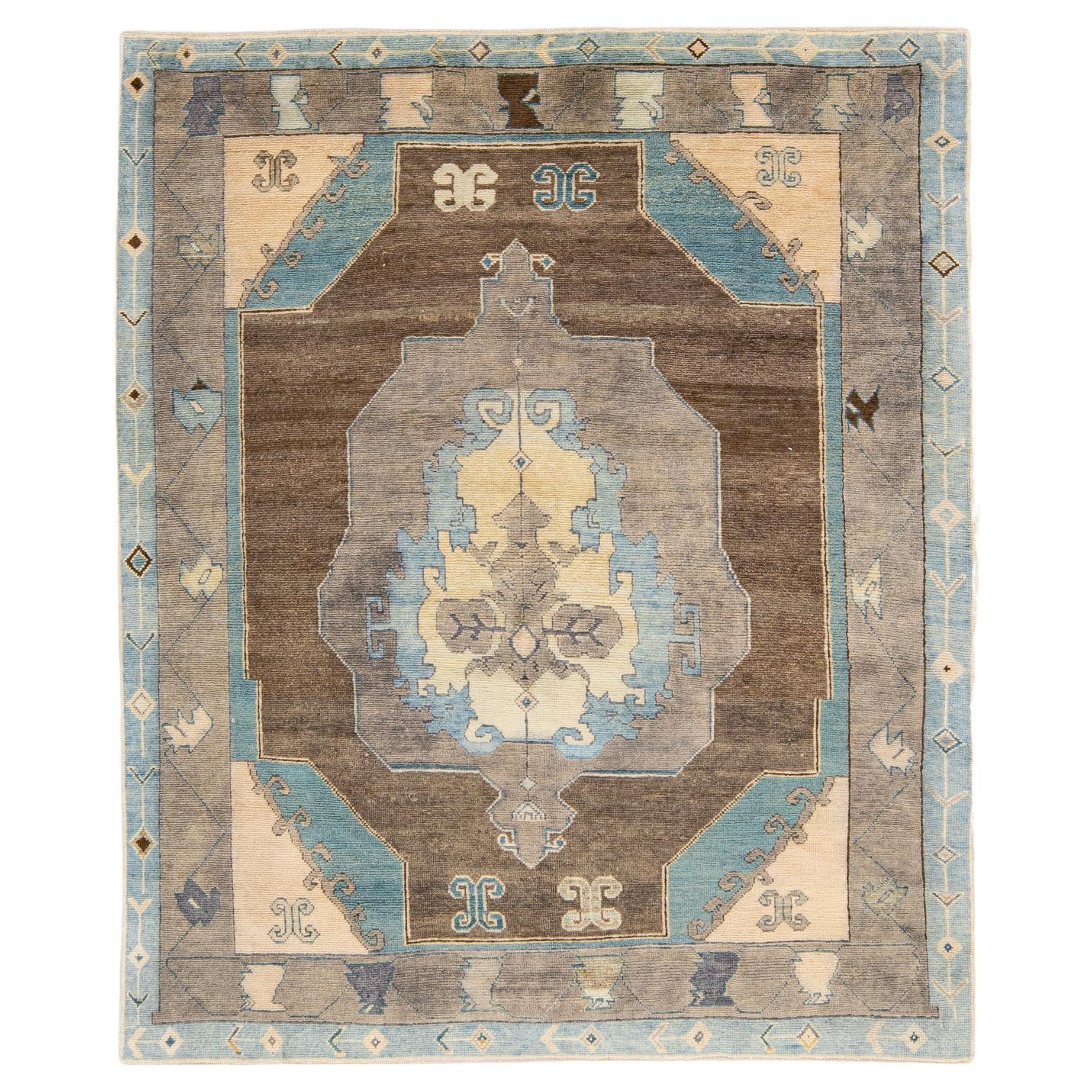 Brown Modern Oushak Handmade Medallion Floral Motif Wool Rug