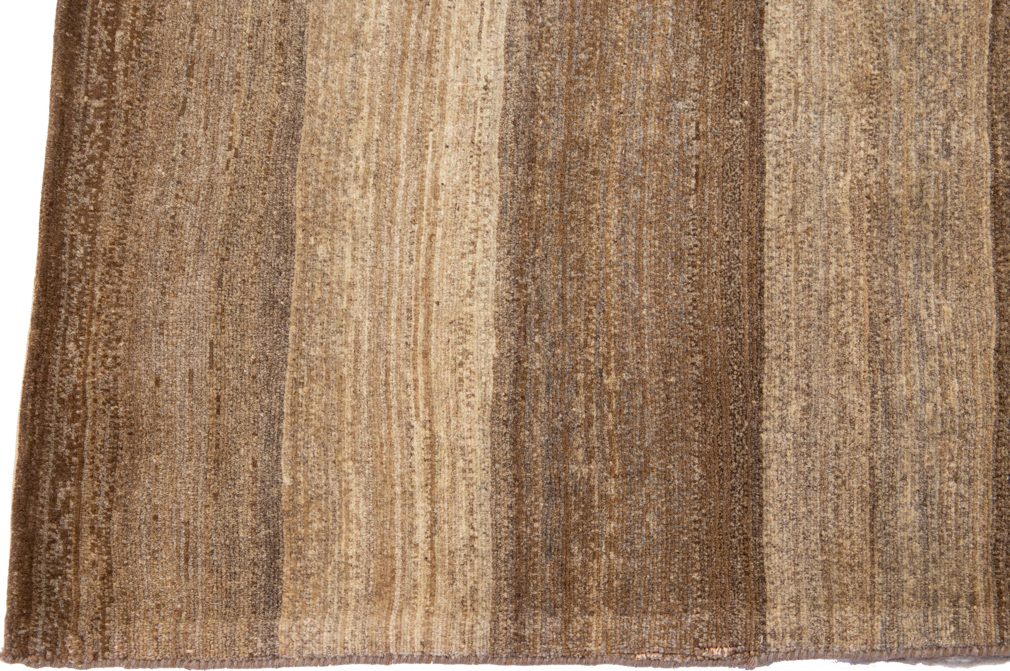 Indian Brown Modern Persian Gabbeh Handmade Striped Wool Runner For Sale