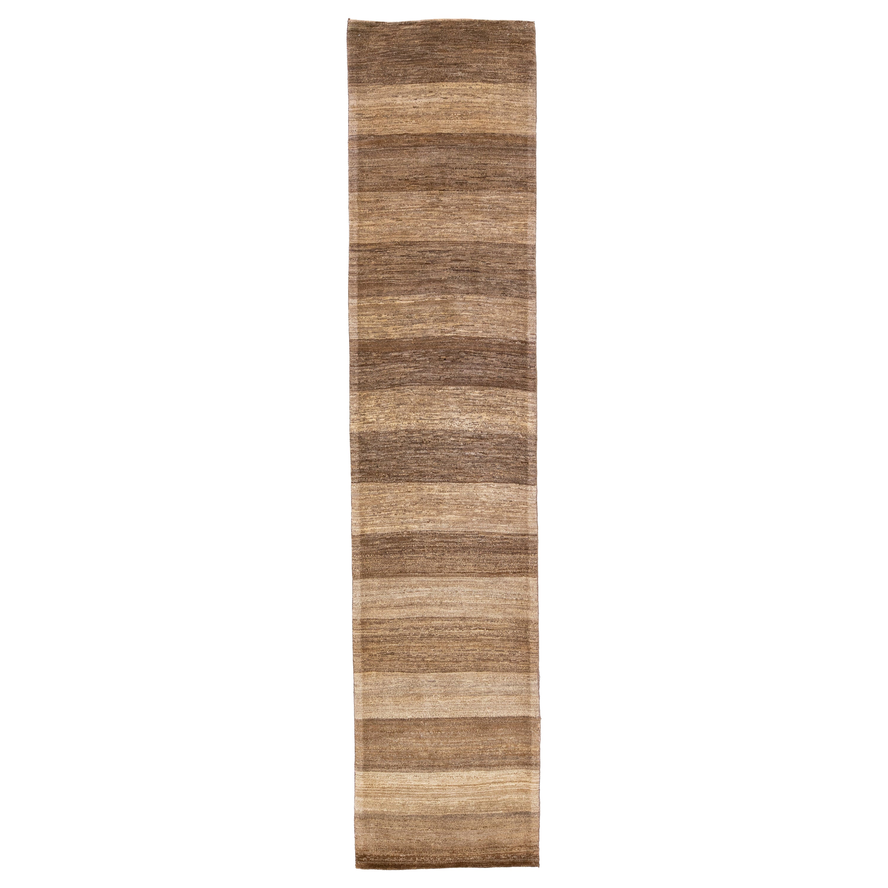 Brown Modern Persian Gabbeh Handmade Striped Wool Runner For Sale