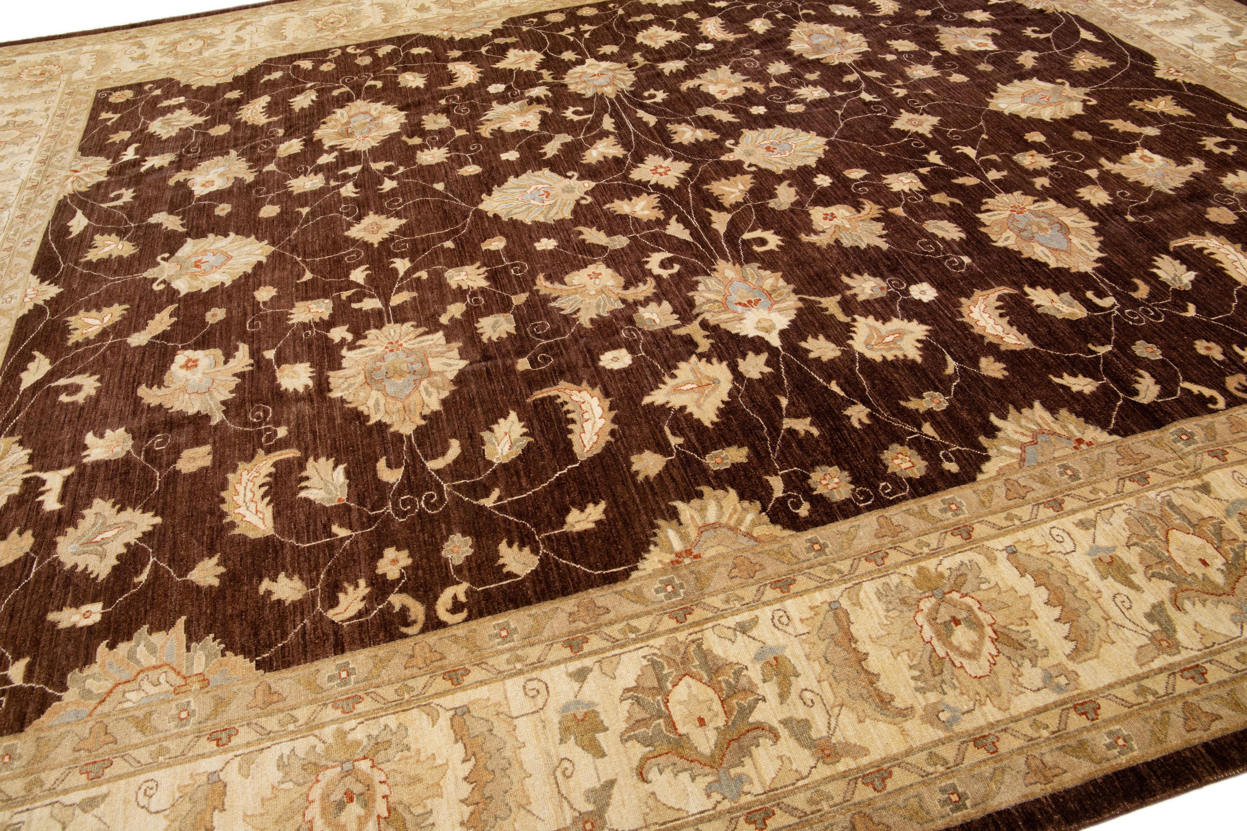 Hand-Knotted Brown Modern Peshawar Handmade Wool Rug with Palmettes Design For Sale
