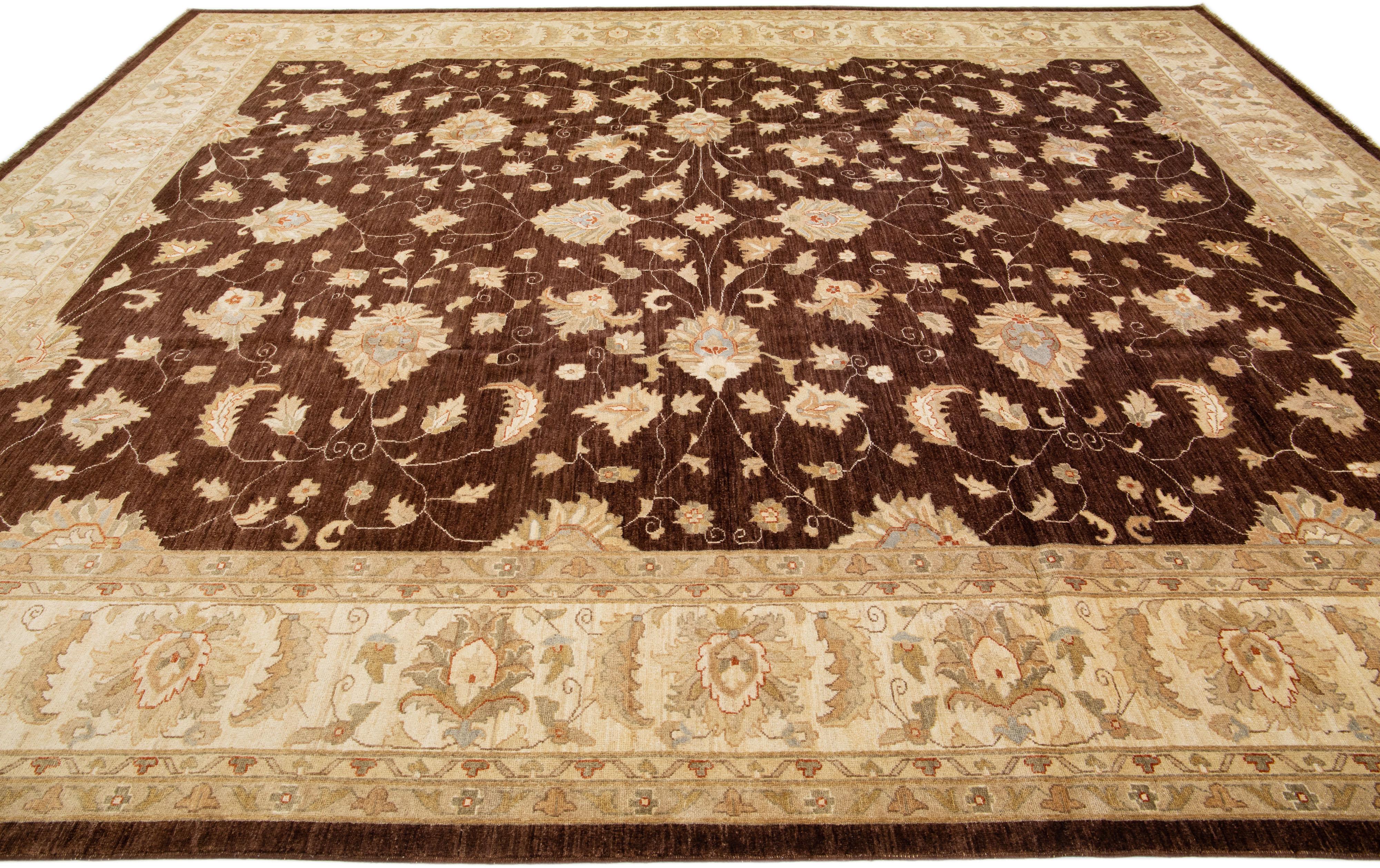 Brown Modern Peshawar Handmade Wool Rug with Palmettes Design In New Condition For Sale In Norwalk, CT