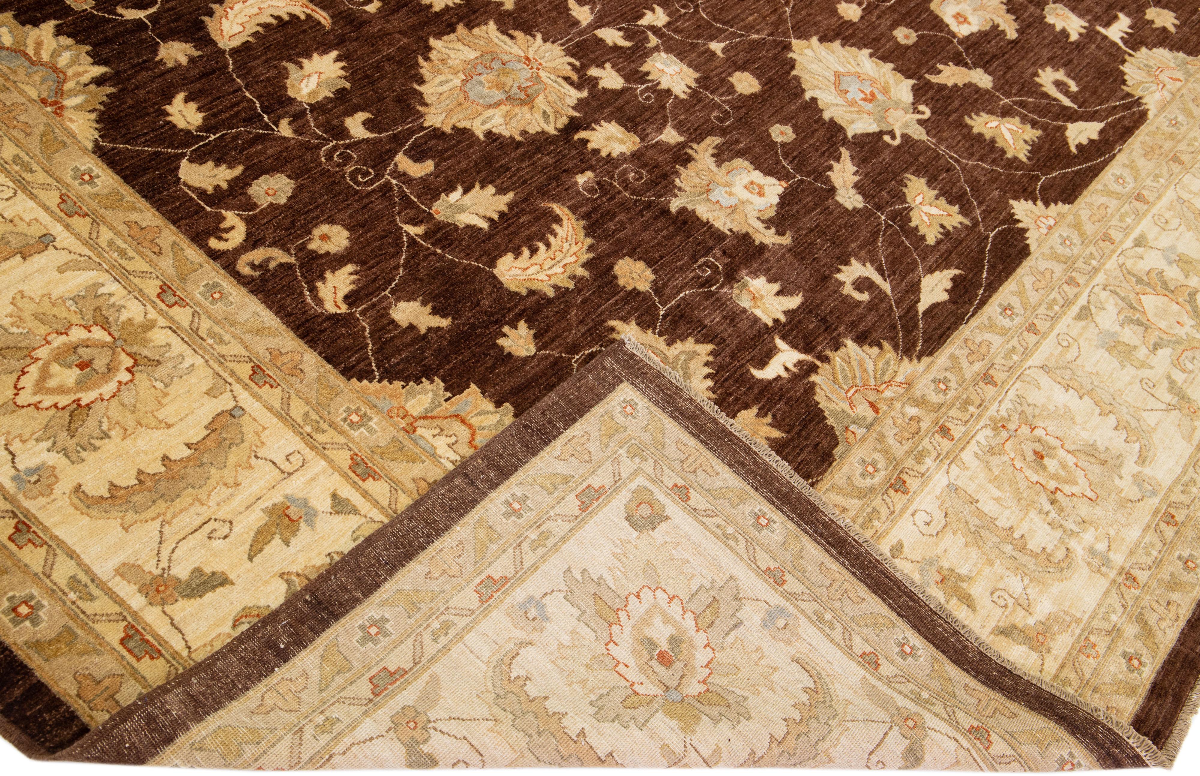 Contemporary Brown Modern Peshawar Handmade Wool Rug with Palmettes Design For Sale