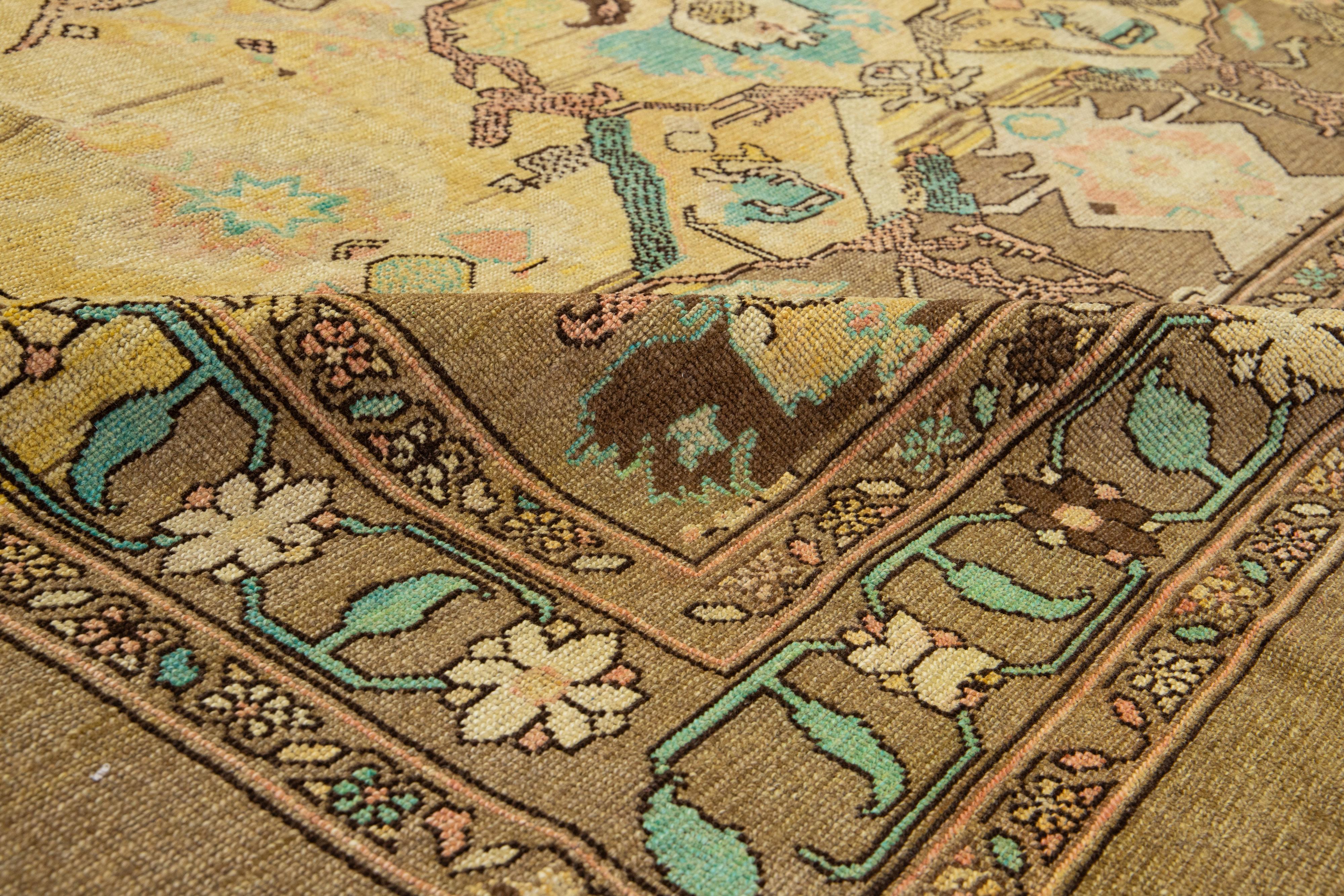 Brown Modern Revival Handmade Wool Rug With Floral Pattern For Sale 4
