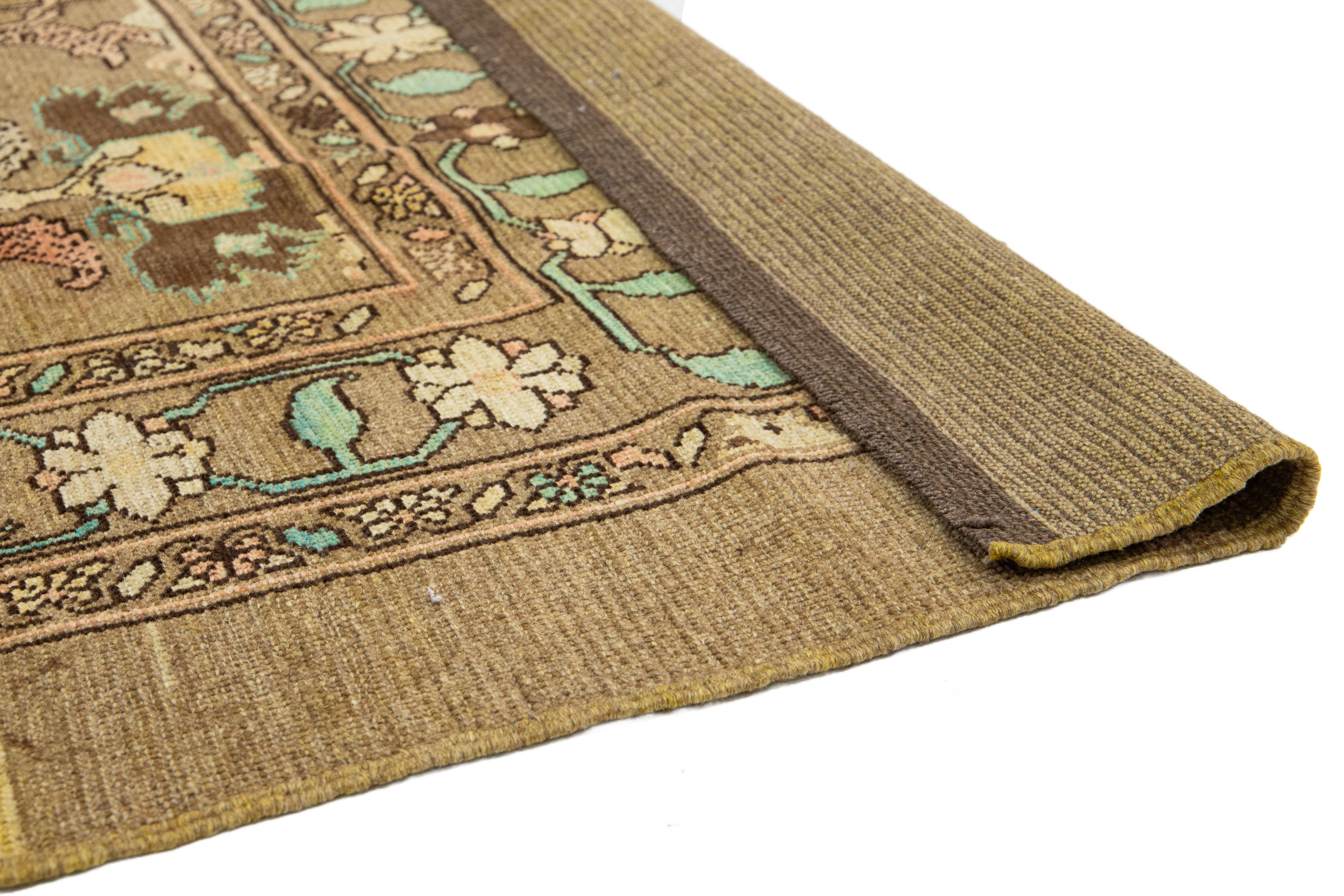 Regency Revival Brown Modern Revival Handmade Wool Rug With Floral Pattern For Sale