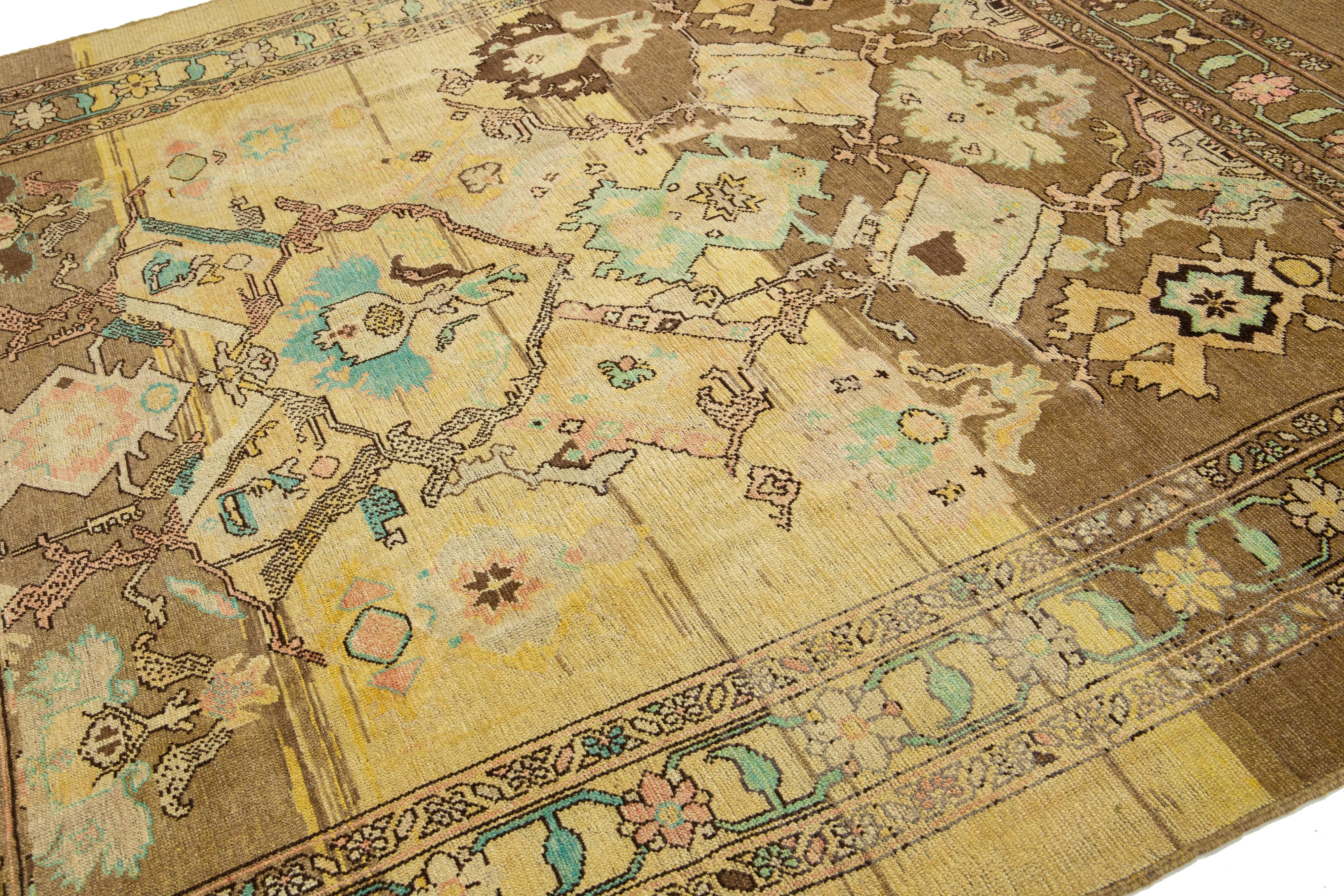 Hand-Knotted Brown Modern Revival Handmade Wool Rug With Floral Pattern For Sale