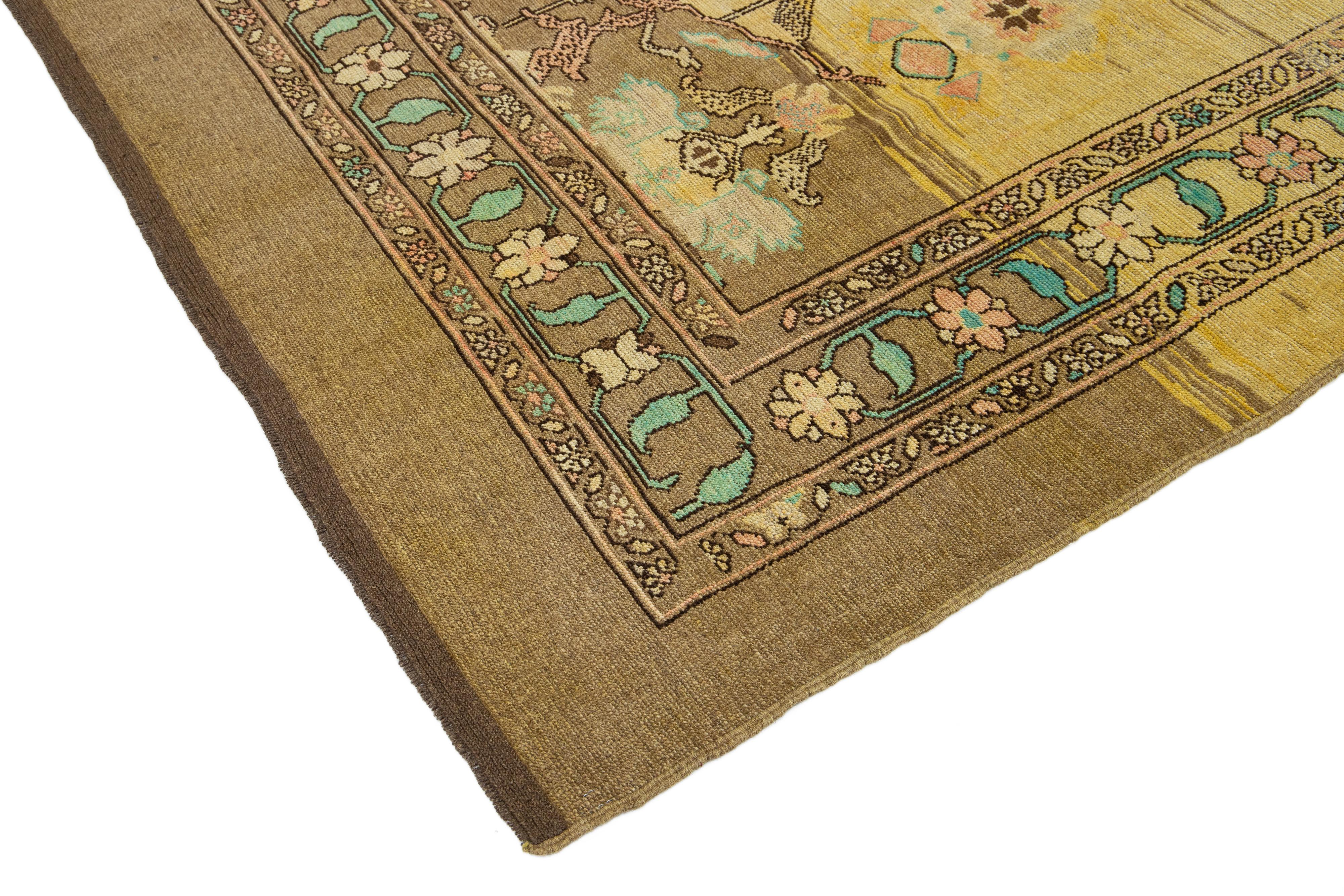 Contemporary Brown Modern Revival Handmade Wool Rug With Floral Pattern For Sale
