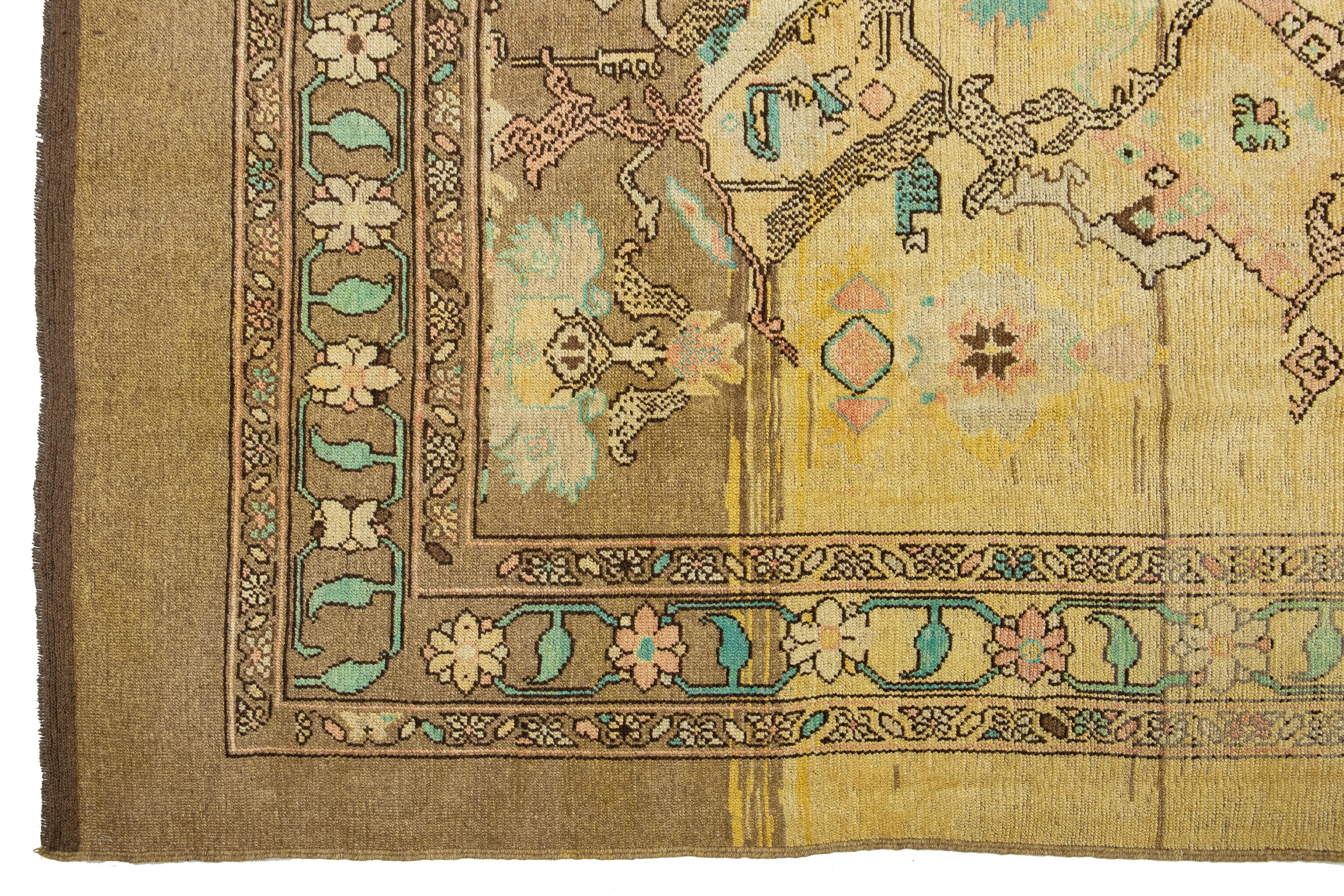 Brown Modern Revival Handmade Wool Rug With Floral Pattern For Sale 1