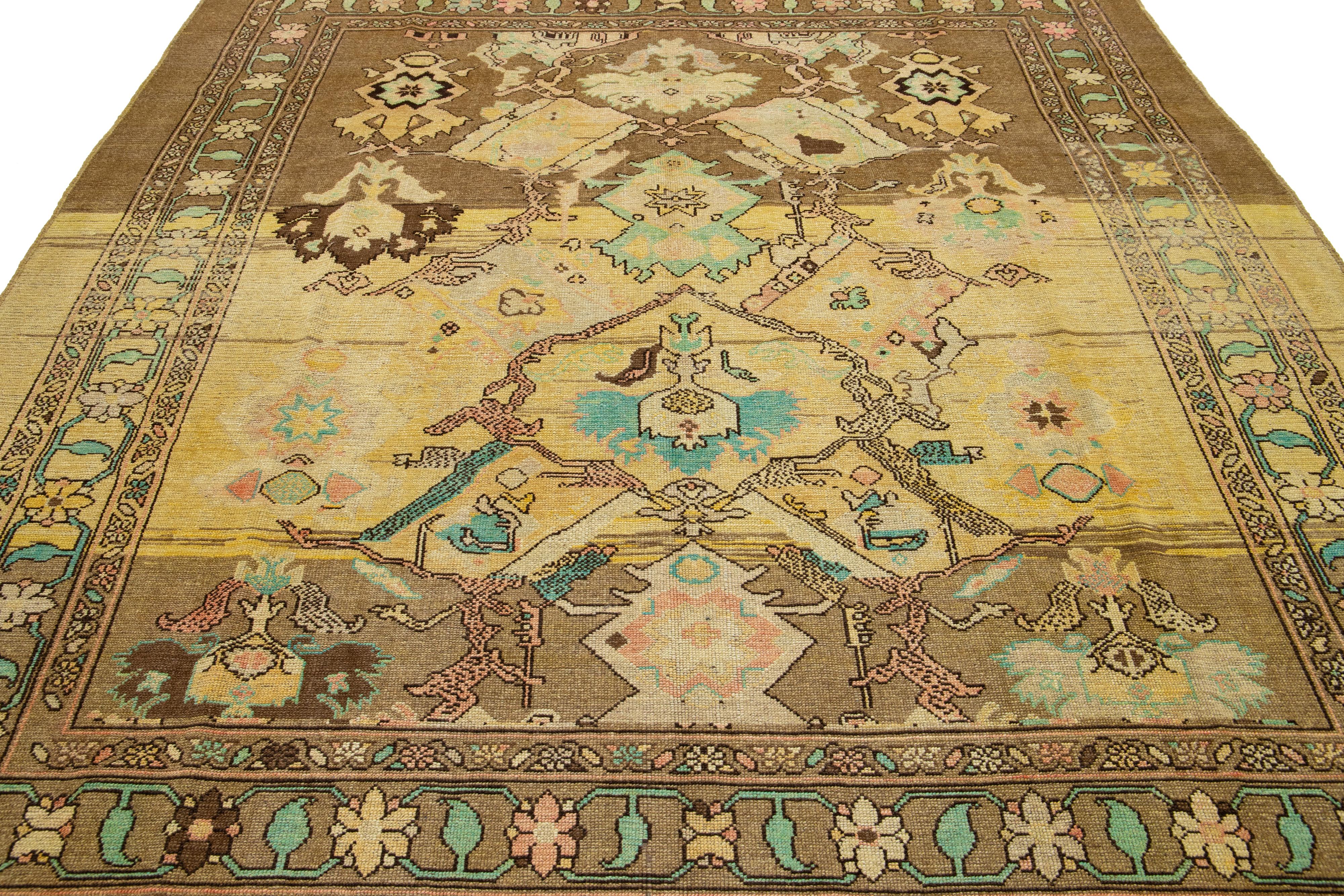 Brown Modern Revival Handmade Wool Rug With Floral Pattern For Sale 2