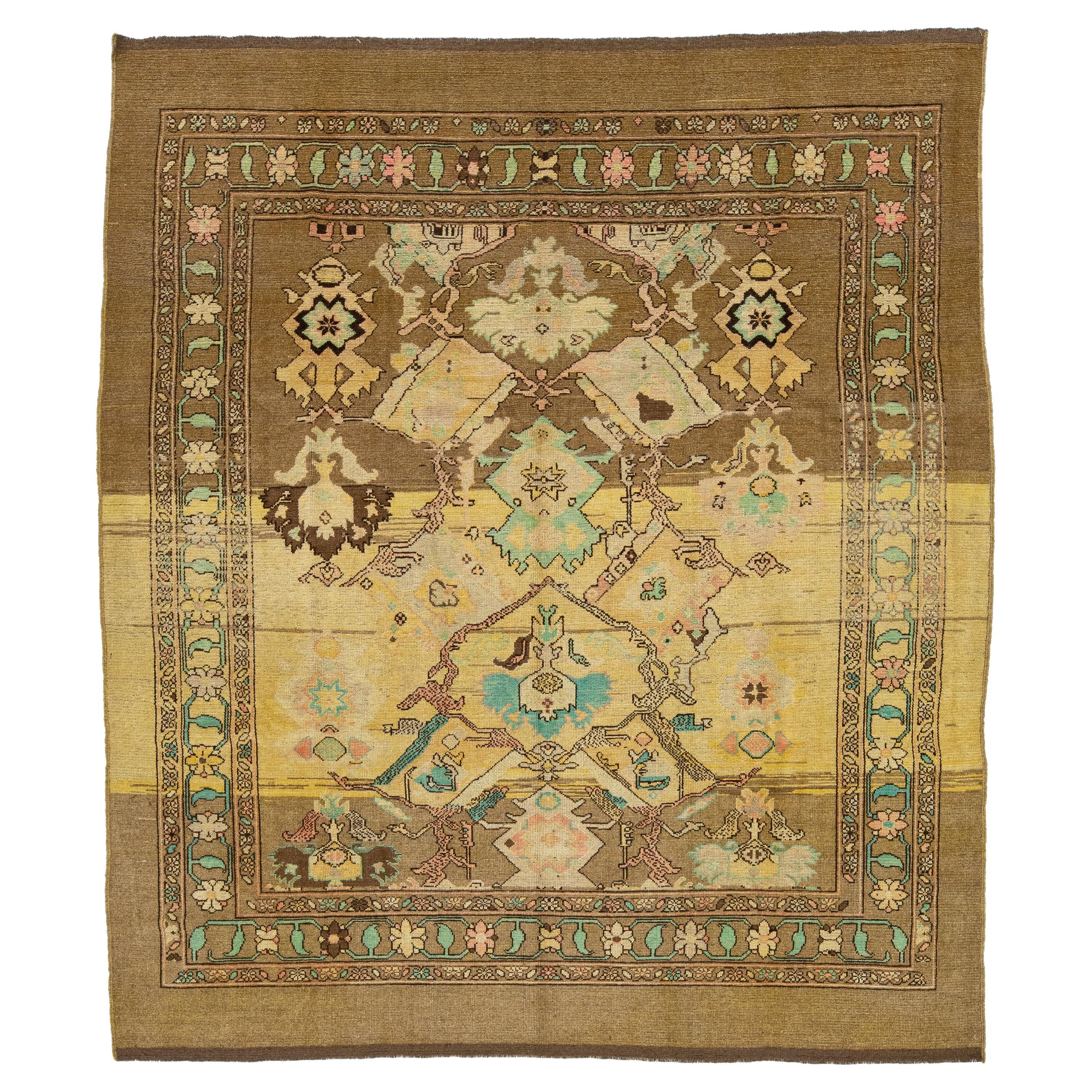 Brown Modern Revival Handmade Wool Rug With Floral Pattern