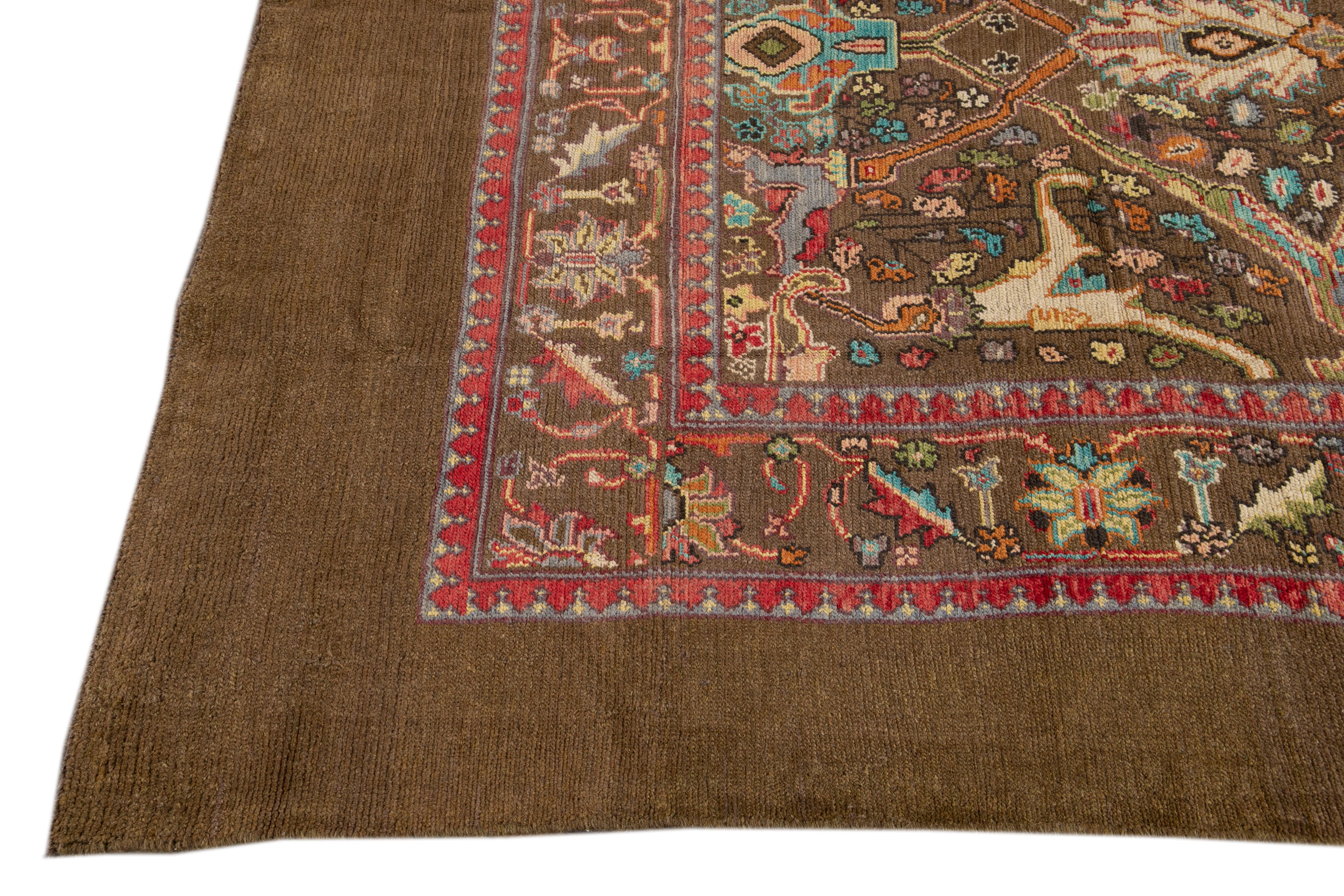 Afghan Apadana's Brown Modern Revival Square Handmade Wool Rug For Sale