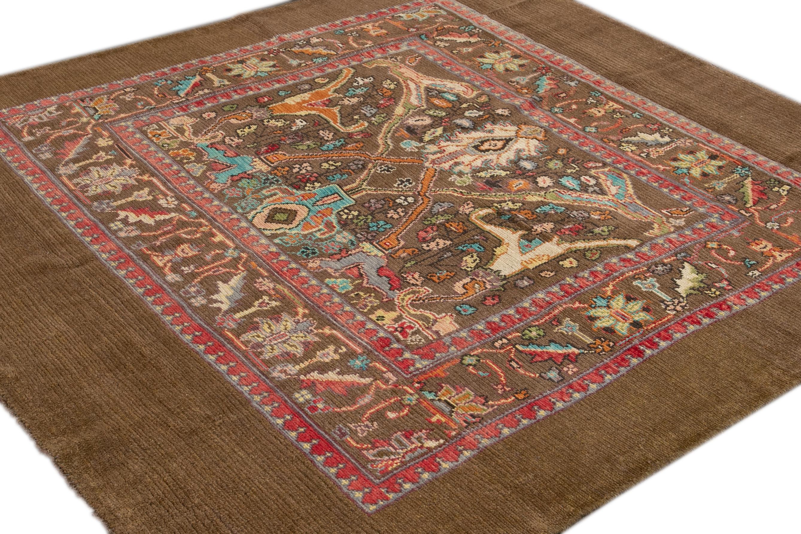 Apadana's Brown Modern Revival Square Handmade Wool Rug In New Condition For Sale In Norwalk, CT