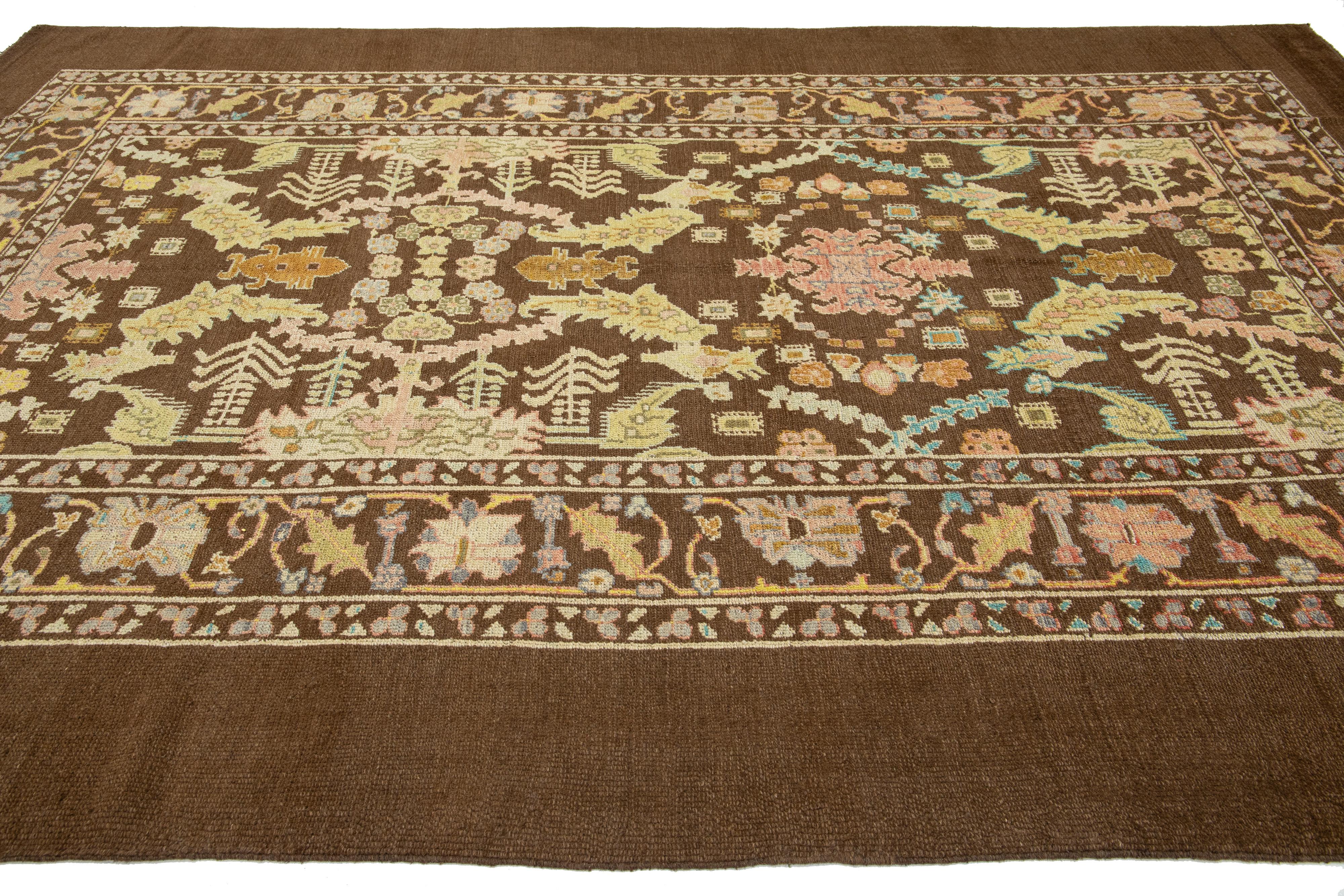 Brown Modern Revival Wool Rug With Allover Floral Design For Sale 3