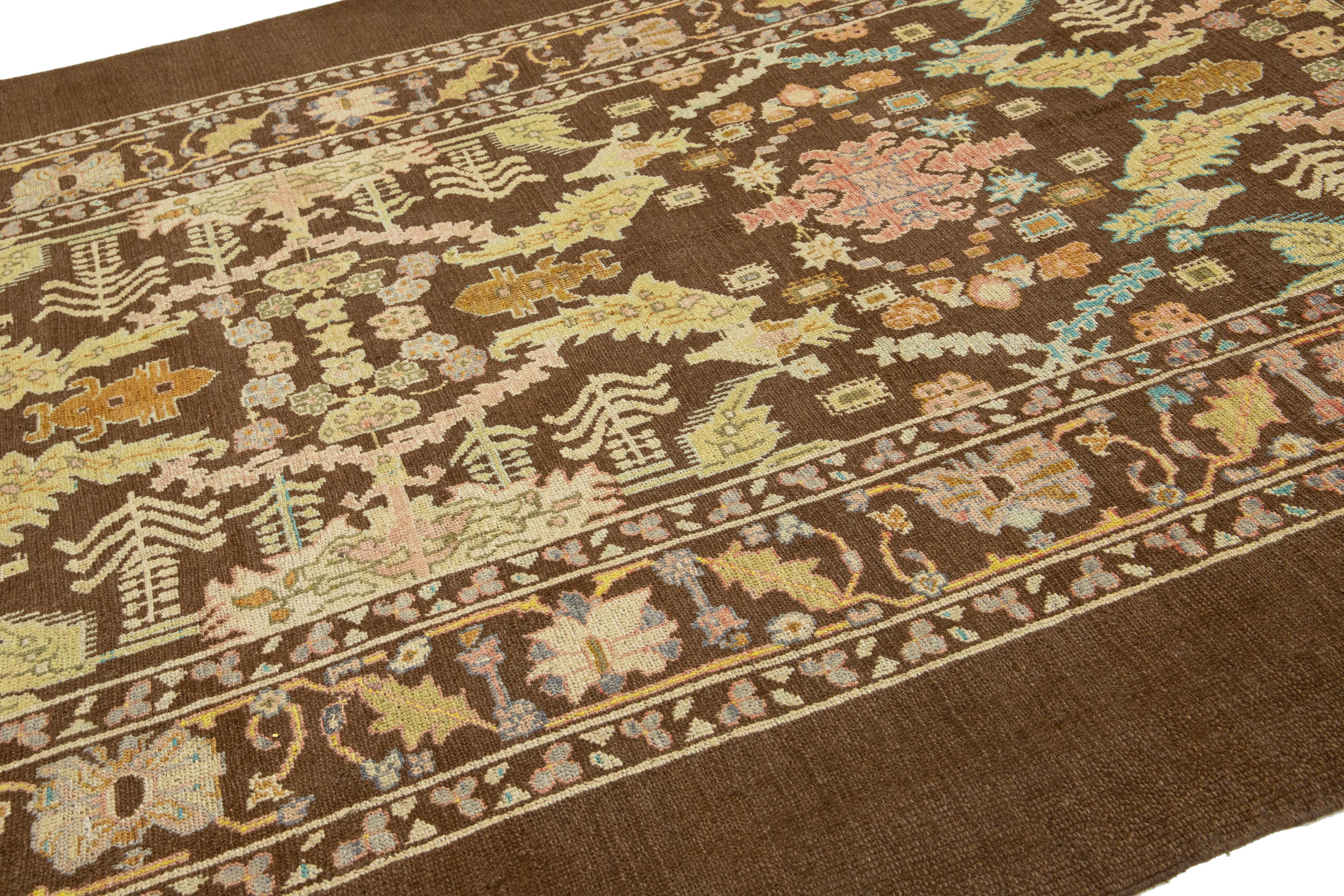 Brown Modern Revival Wool Rug With Allover Floral Design For Sale 4