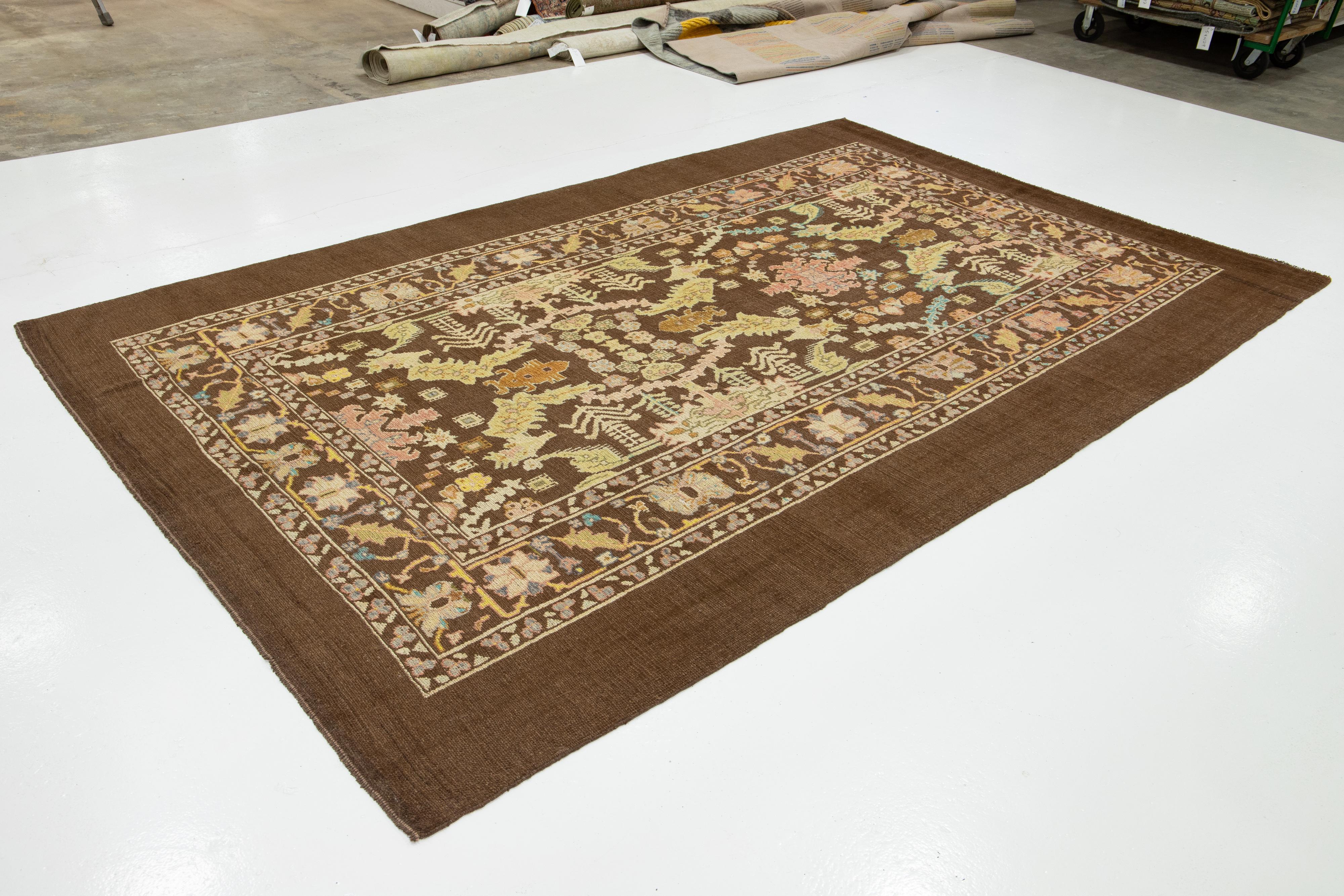 Regency Revival Brown Modern Revival Wool Rug With Allover Floral Design For Sale