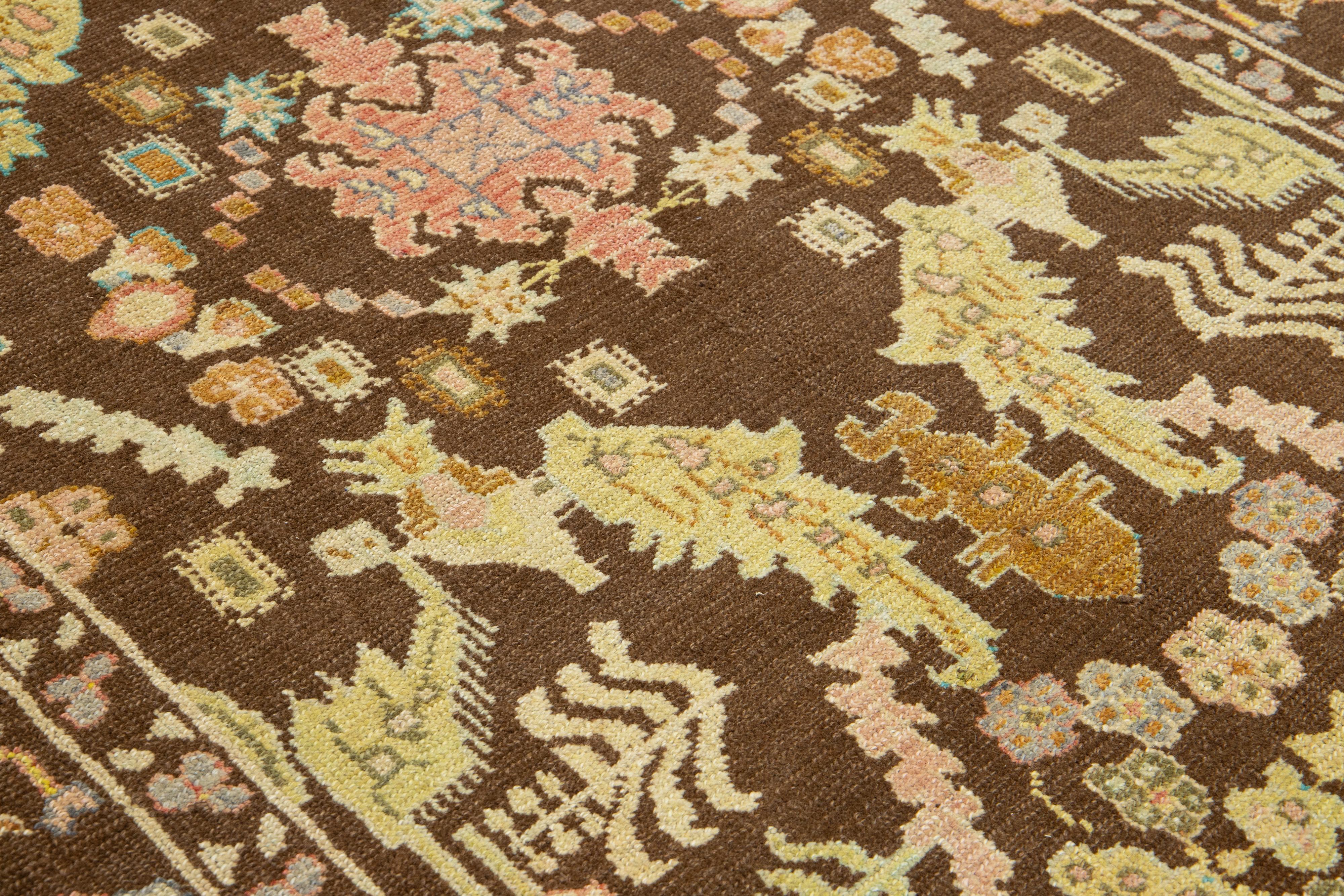 Contemporary Brown Modern Revival Wool Rug With Allover Floral Design For Sale