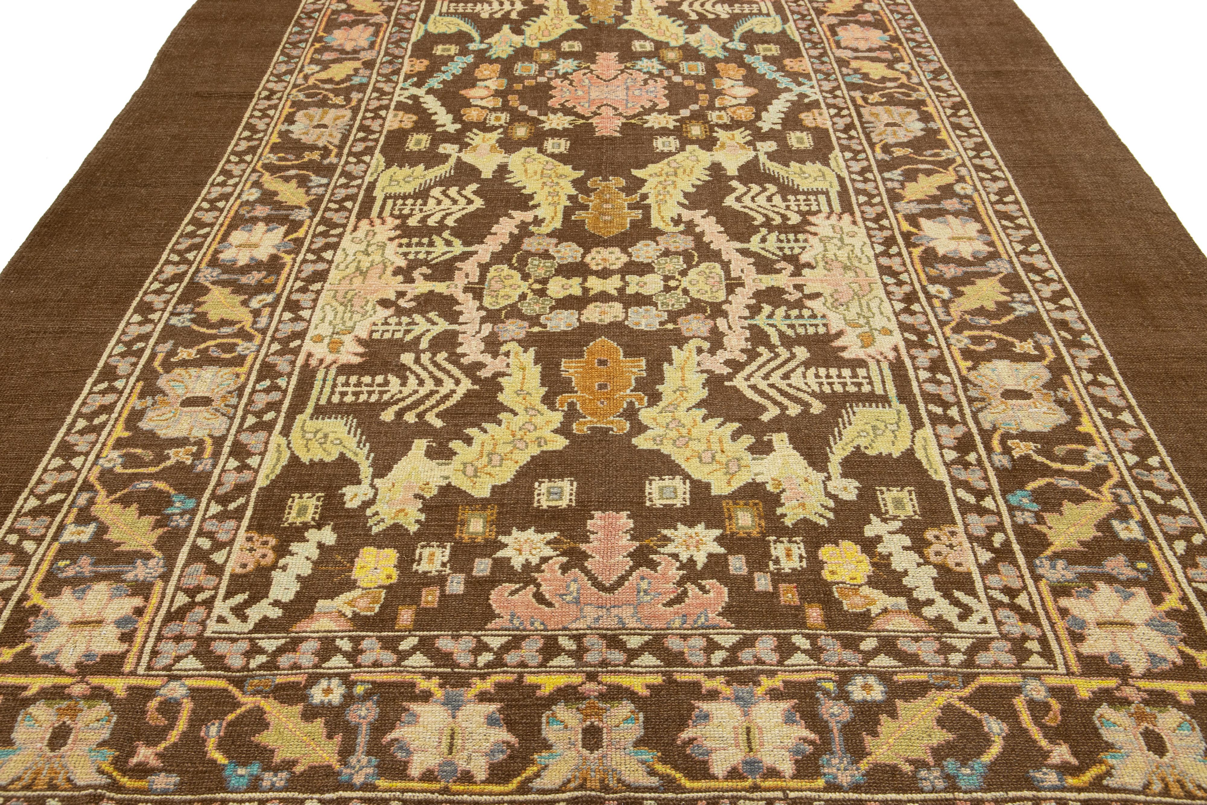 Brown Modern Revival Wool Rug With Allover Floral Design For Sale 1