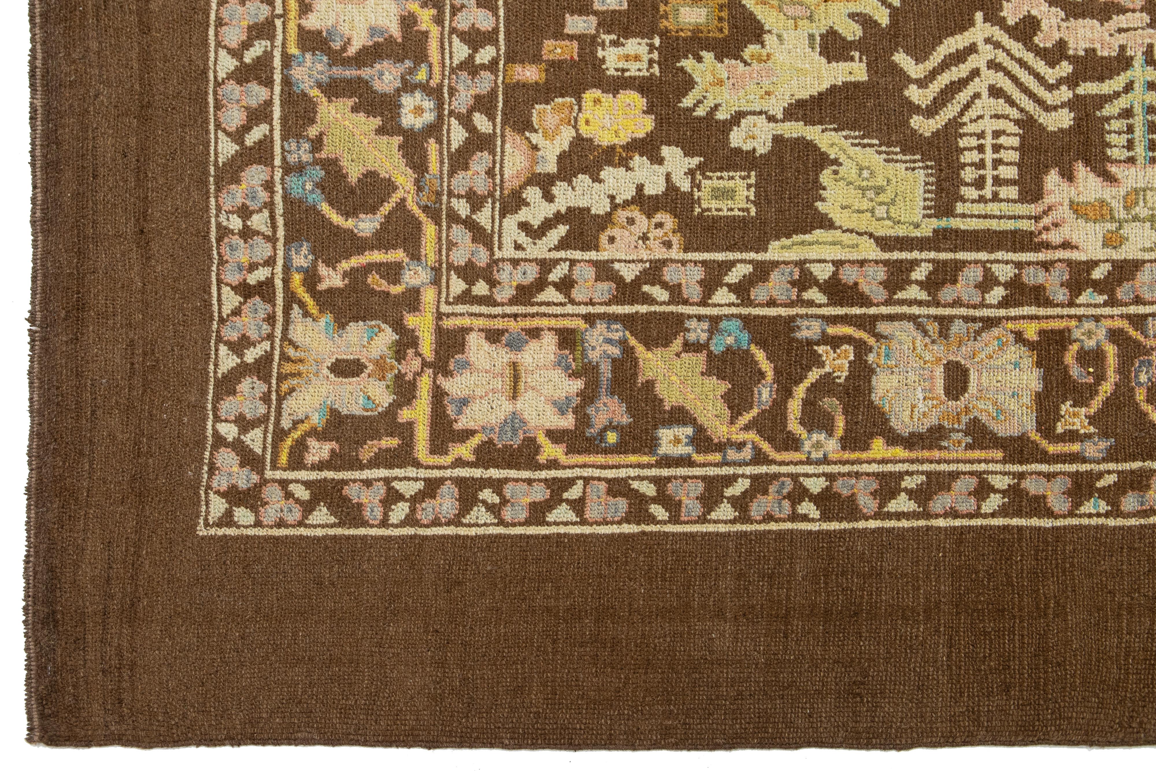 Brown Modern Revival Wool Rug With Allover Floral Design For Sale 2