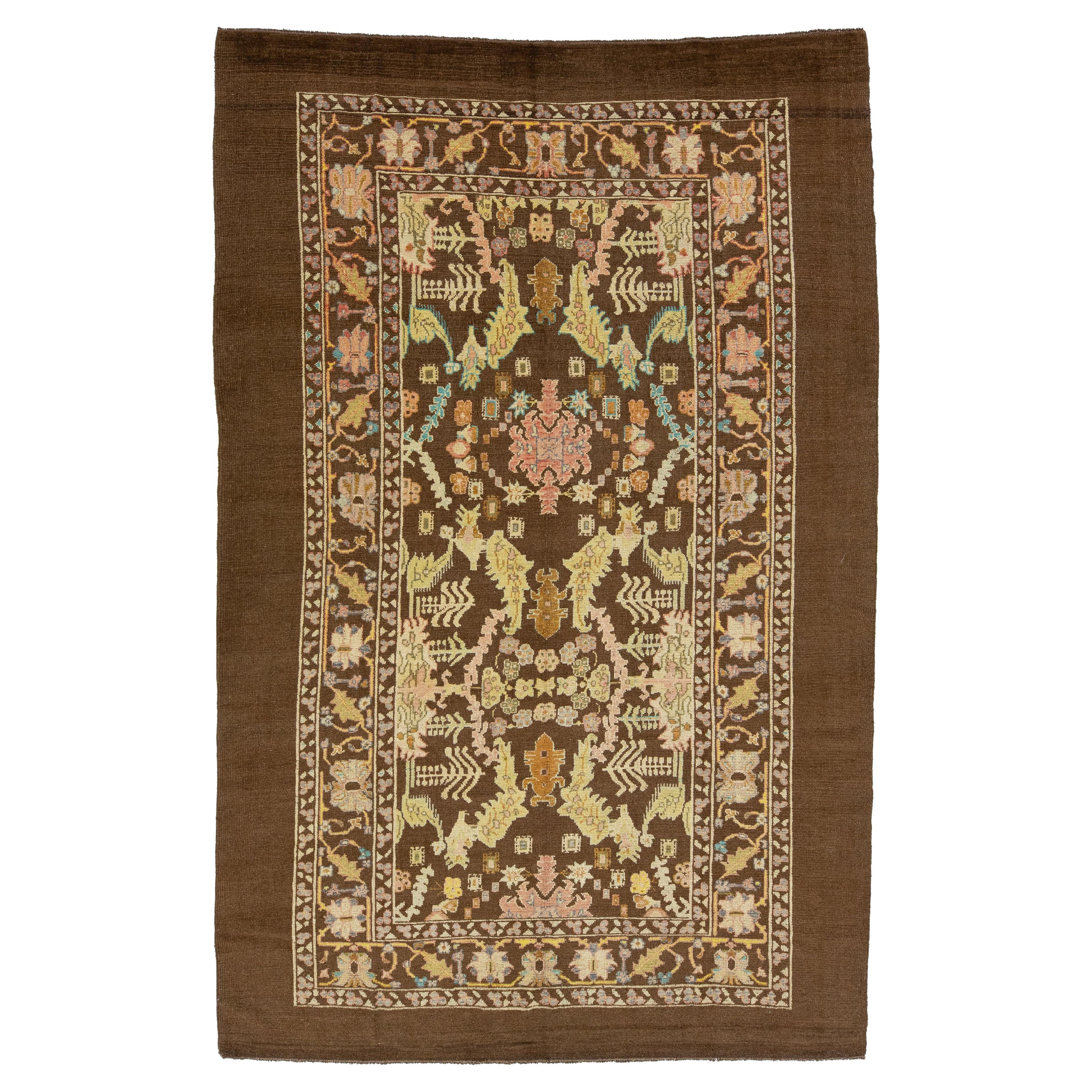 Brown Modern Revival Wool Rug With Allover Floral Design