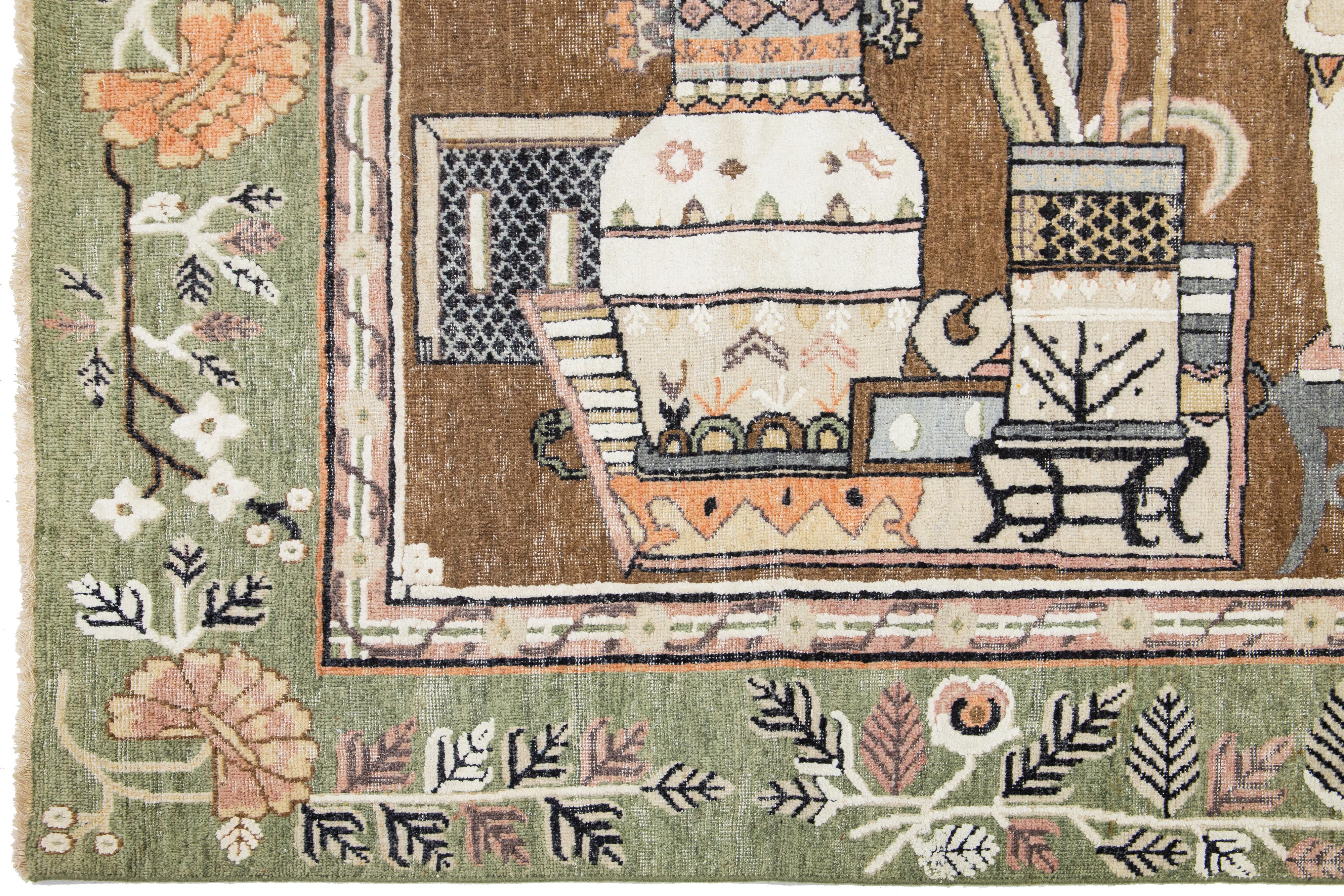 Indian Brown Modern Samarkand Handmade Pictorial Motif Wool Rug For Sale