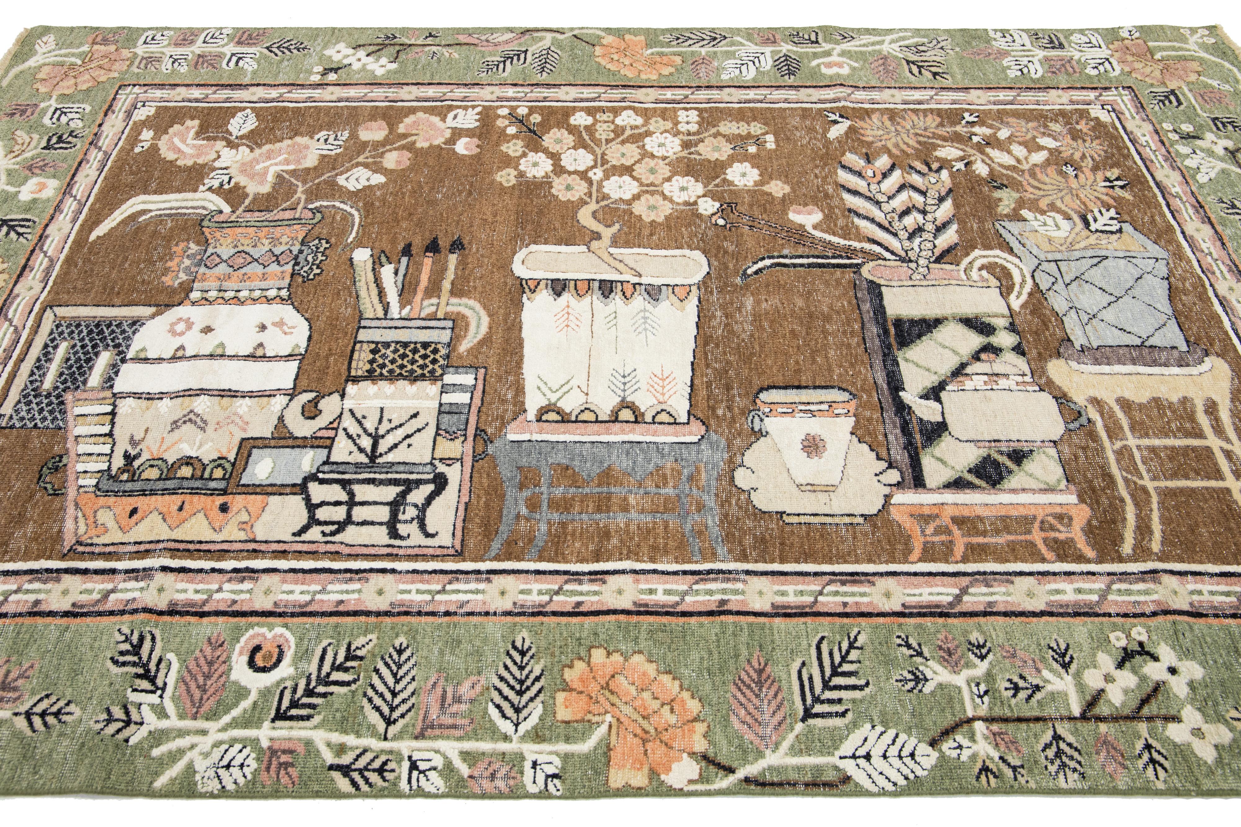 Hand-Knotted Brown Modern Samarkand Handmade Pictorial Motif Wool Rug For Sale
