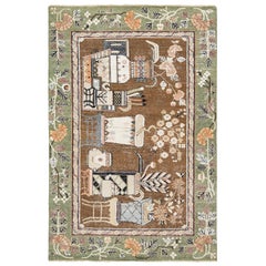 Brauner Moderner Samarkand Handgefertigter Wollteppich mit Bildmotiv
