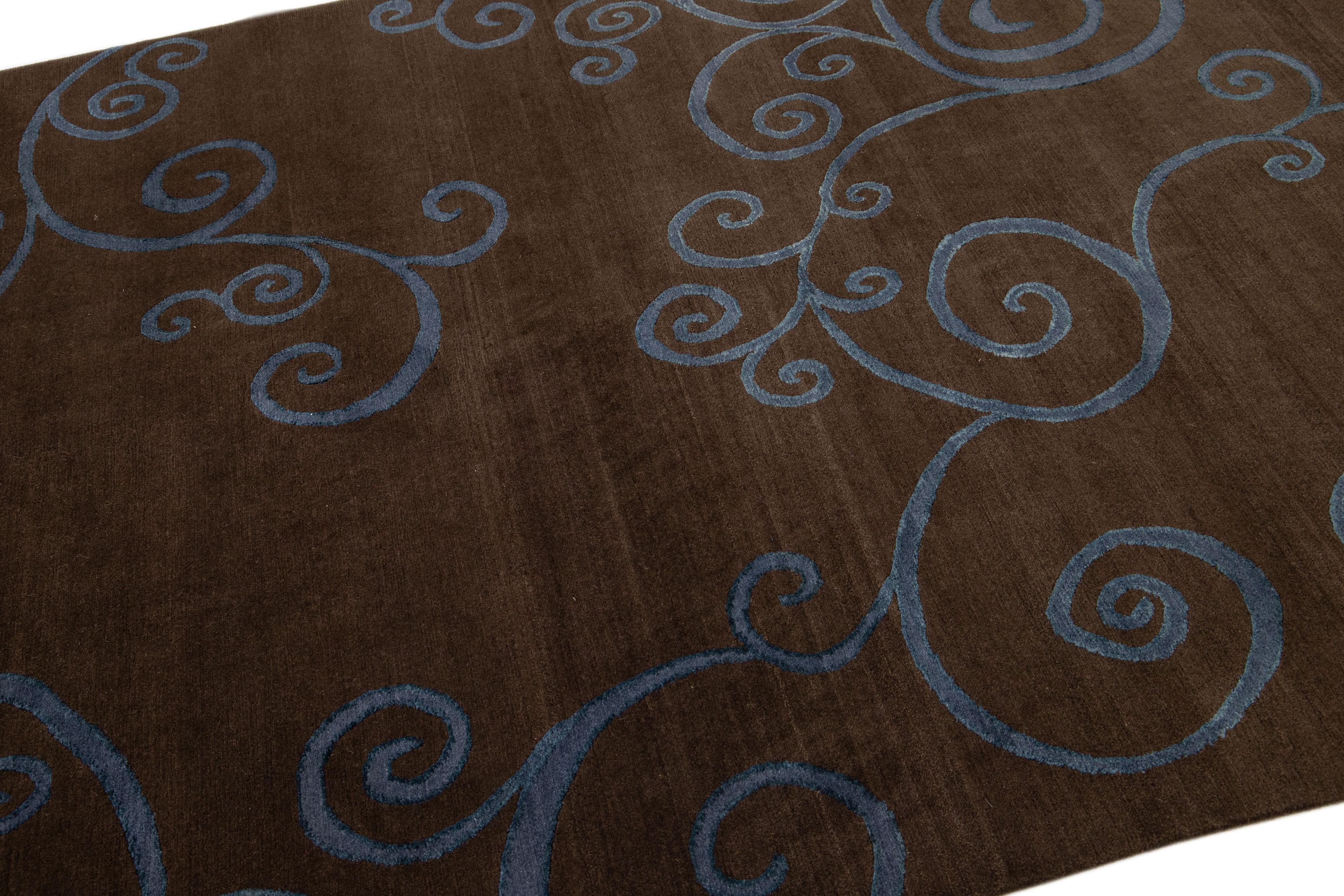 Hand-Knotted Brown Modern Shakti Wool & Silk Tibetan Rug with Scroll Design For Sale