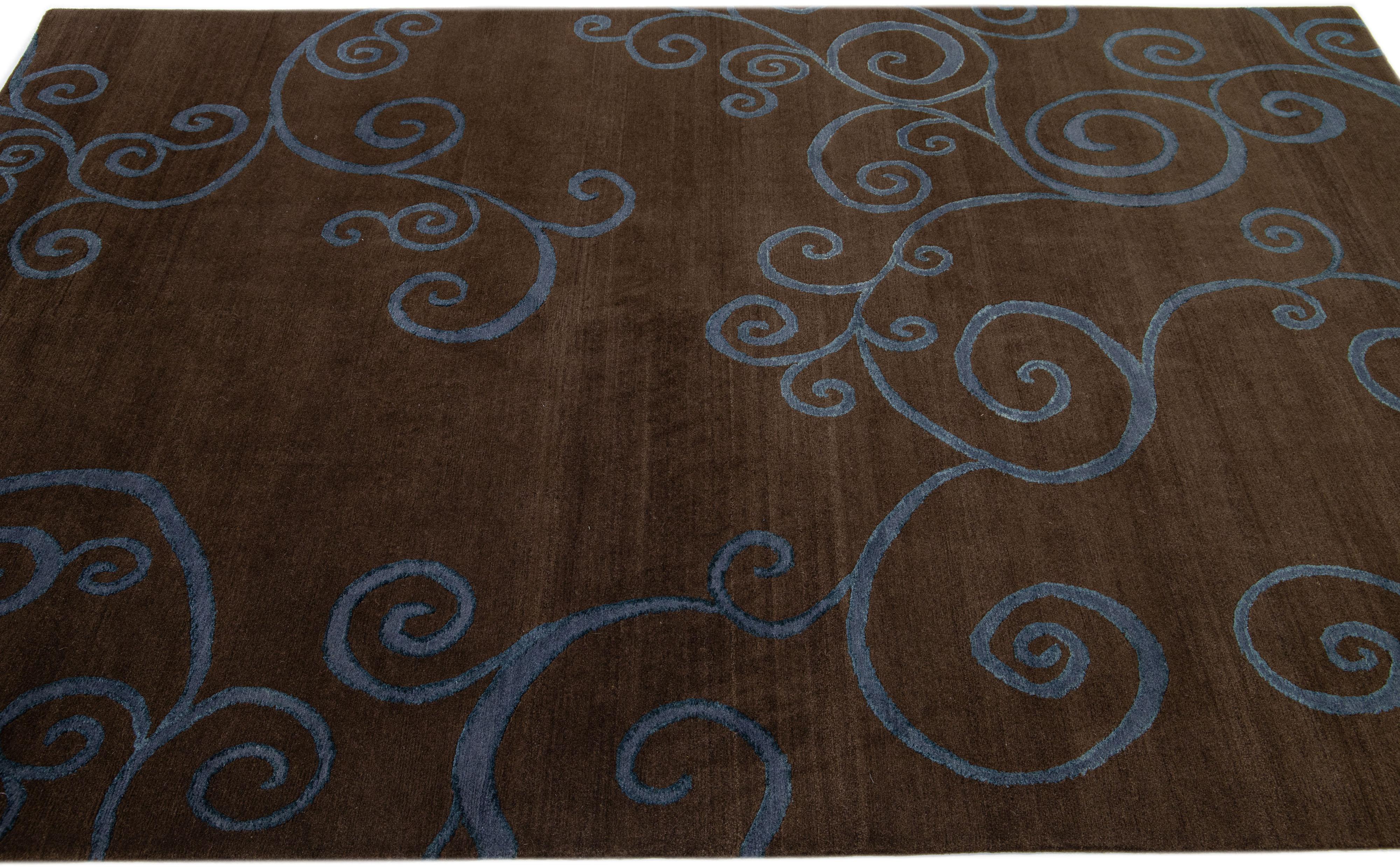 Brown Modern Shakti Wool & Silk Tibetan Rug with Scroll Design In New Condition For Sale In Norwalk, CT