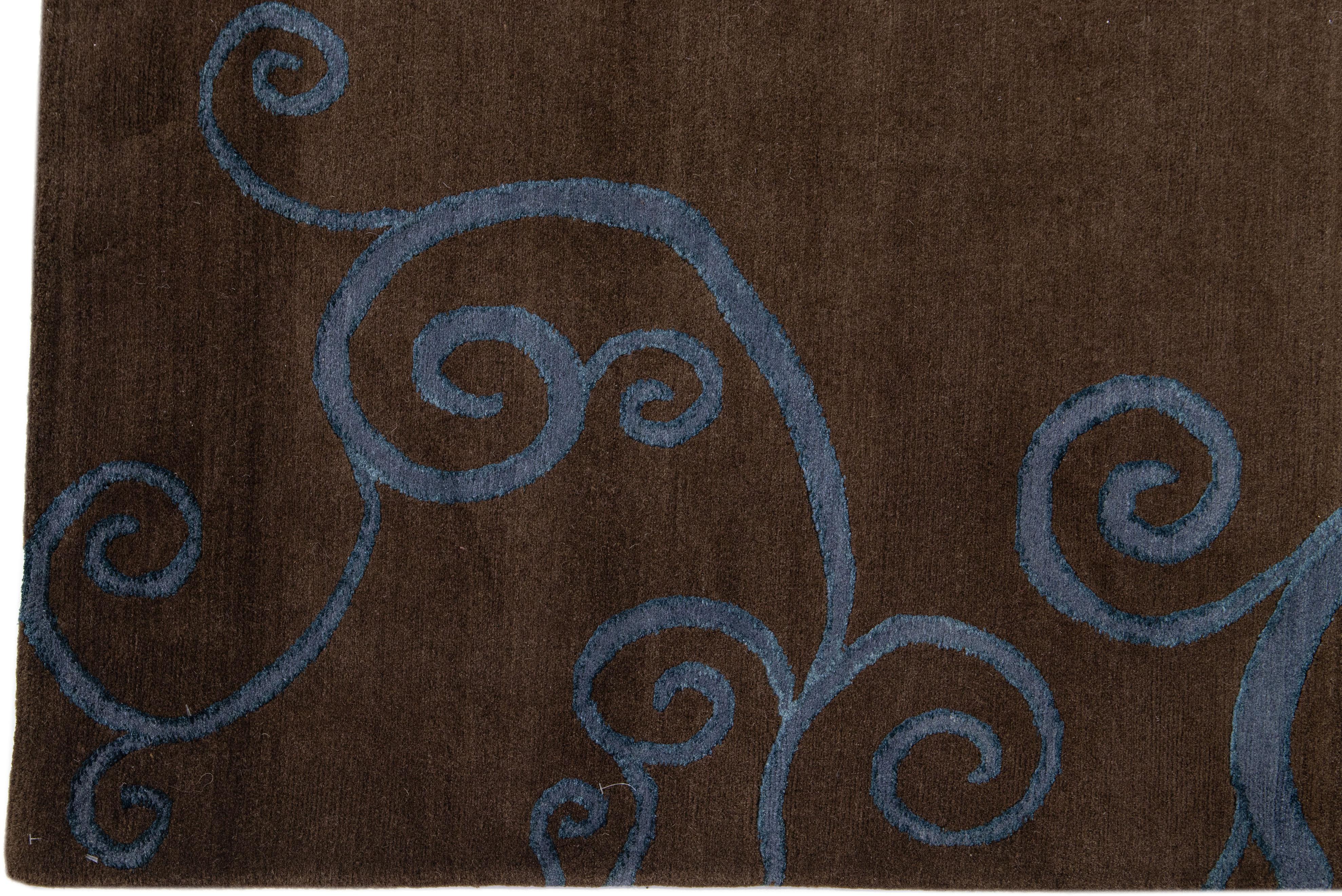 Contemporary Brown Modern Shakti Wool & Silk Tibetan Rug with Scroll Design For Sale