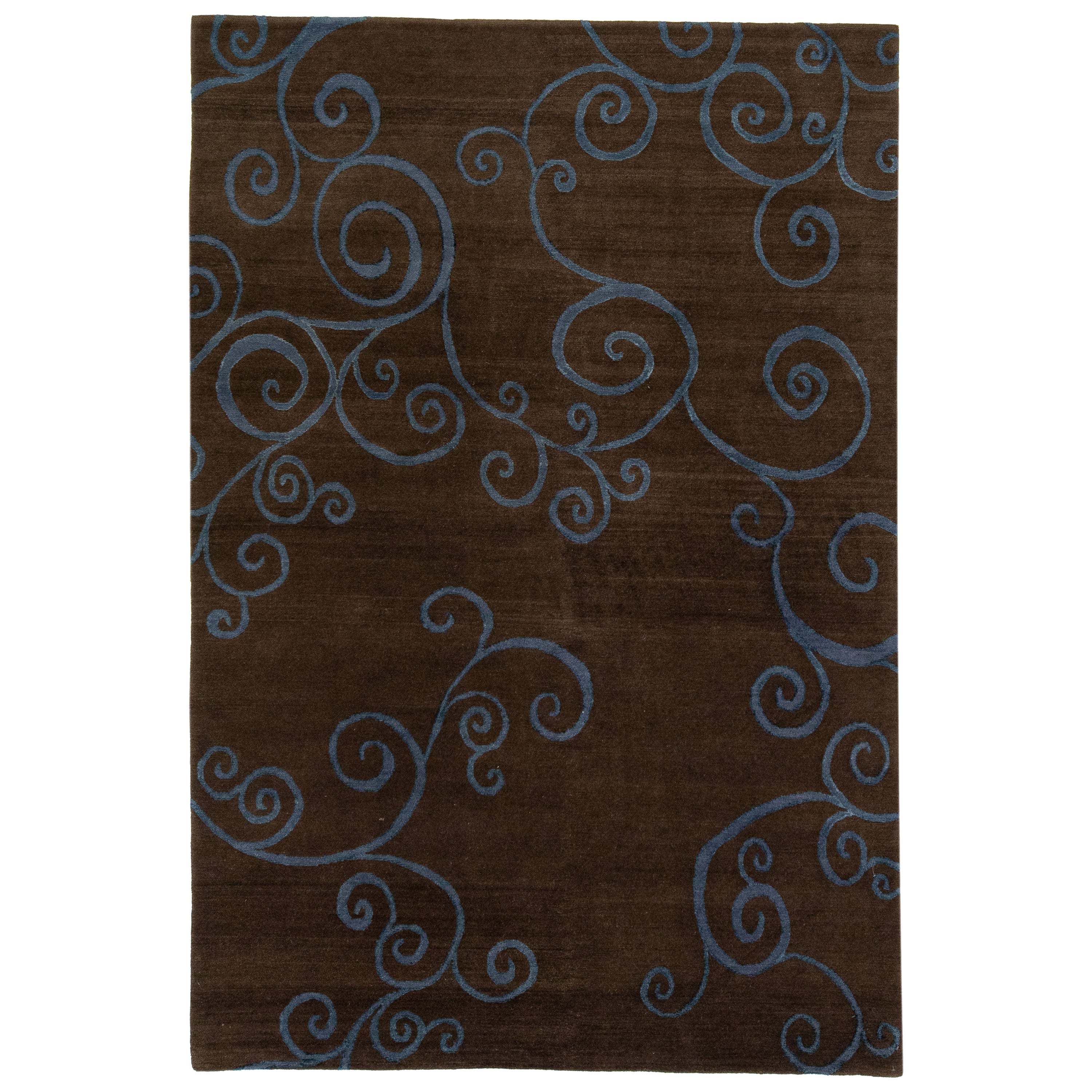 Brauner moderner tibetischer Shakti-Teppich aus Wolle und Seide mit Schnörkeldesign