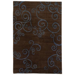 Brown Modern Shakti Wool & Silk Tibetan Rug with Scroll Design