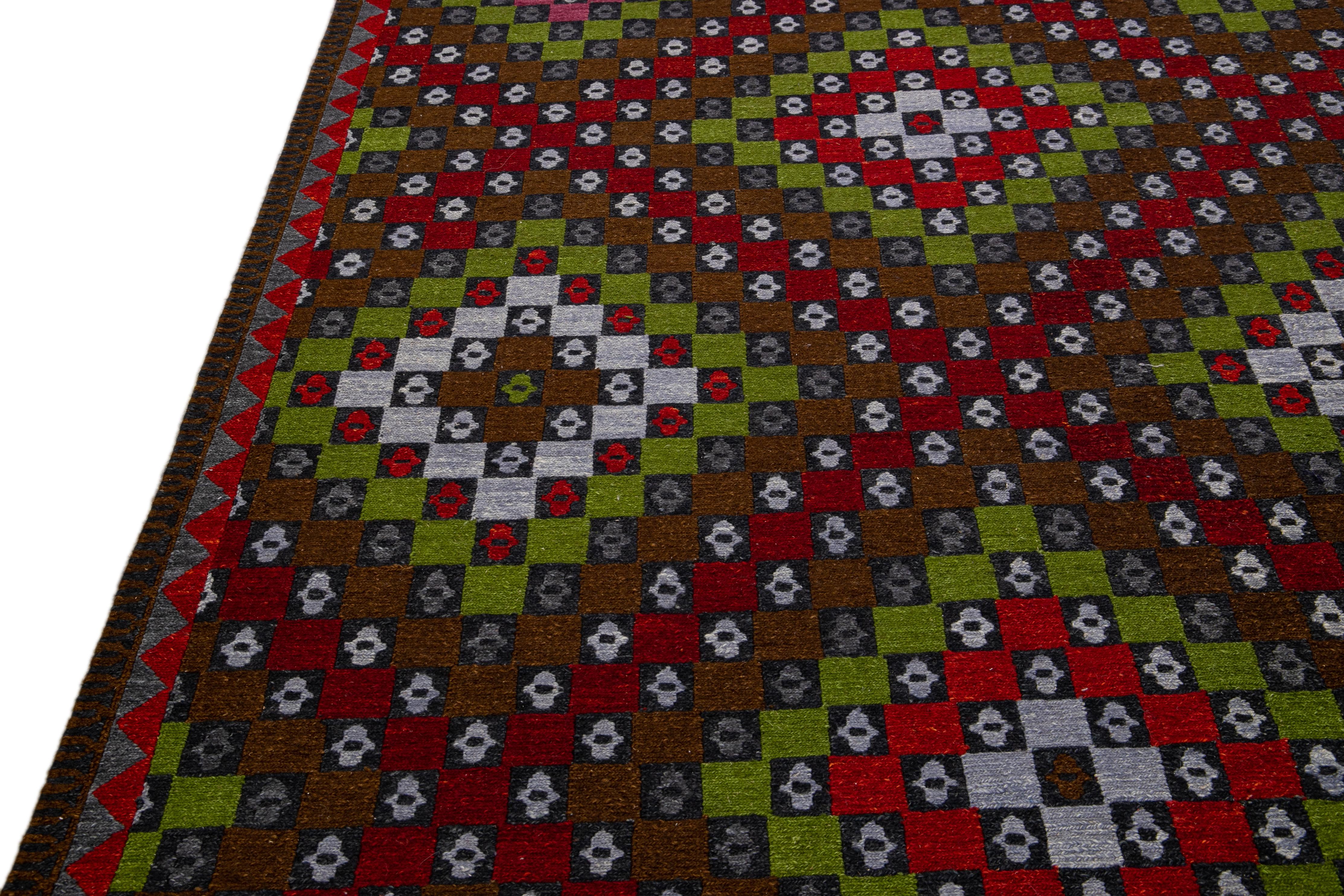 Brown Modern Soumak Handmade Multicolor Geometric Designed Wool Rug For Sale 3