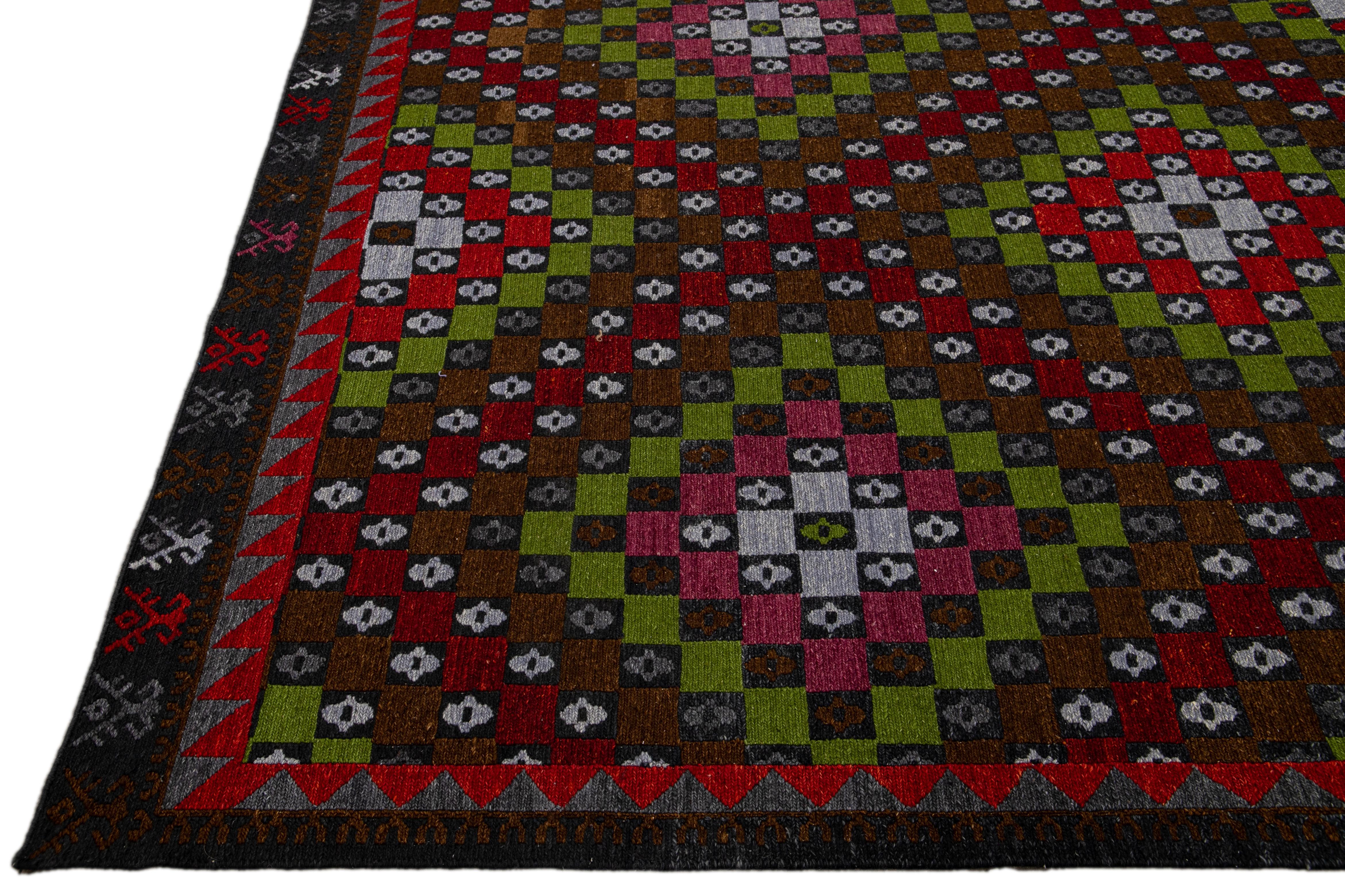 Indian Brown Modern Soumak Handmade Multicolor Geometric Designed Wool Rug For Sale