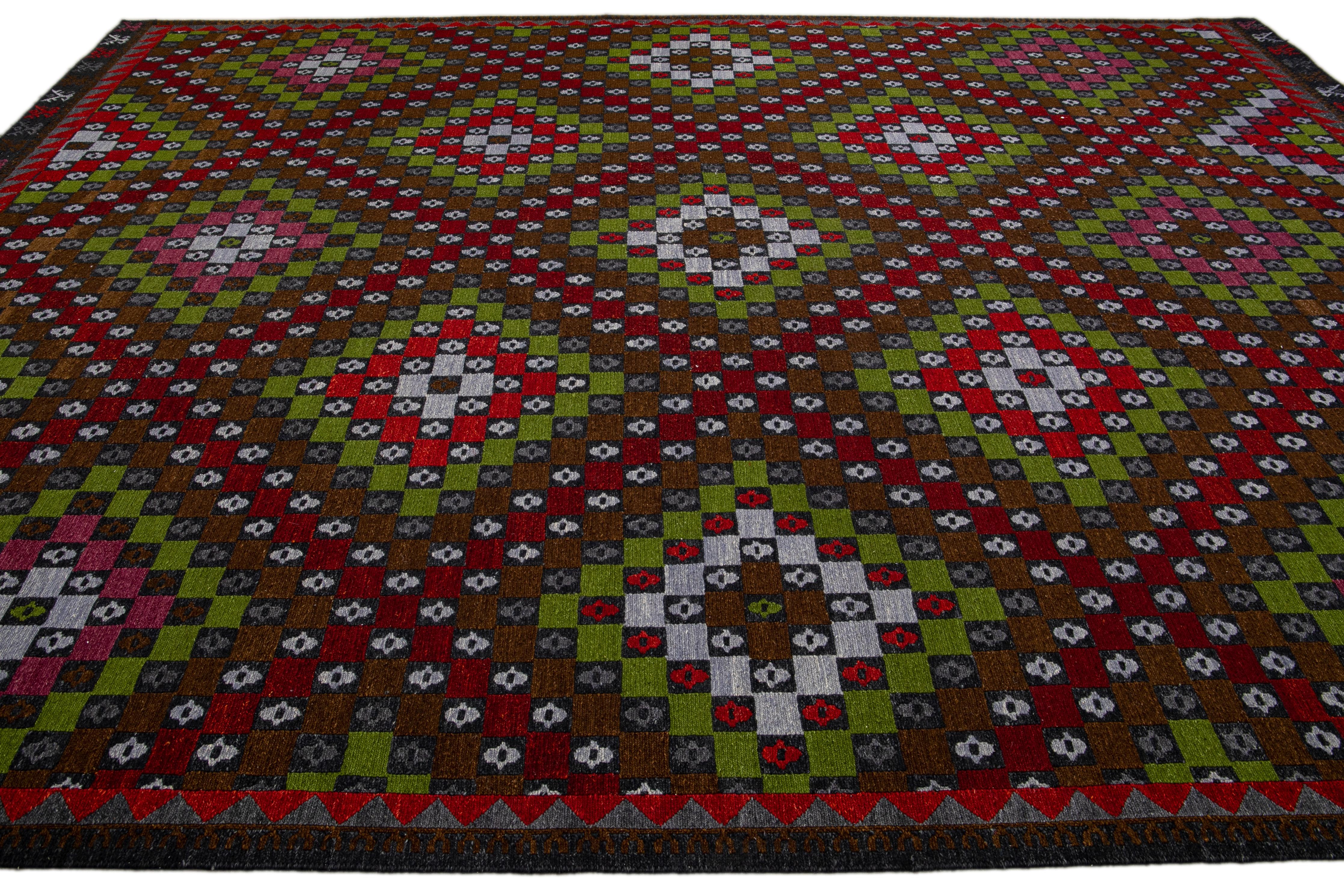 Contemporary Brown Modern Soumak Handmade Multicolor Geometric Designed Wool Rug For Sale