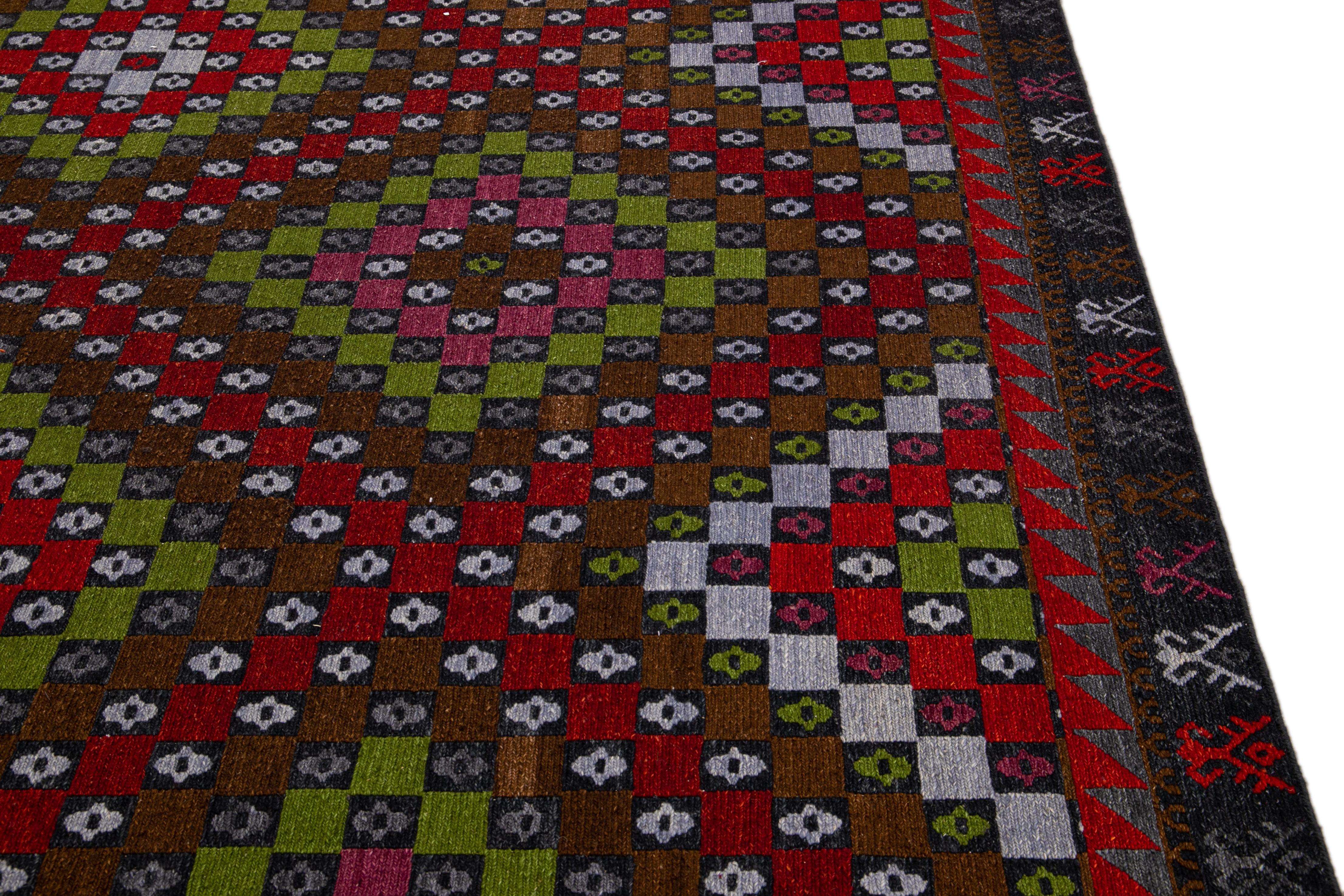 Brown Modern Soumak Handmade Multicolor Geometric Designed Wool Rug For Sale 1
