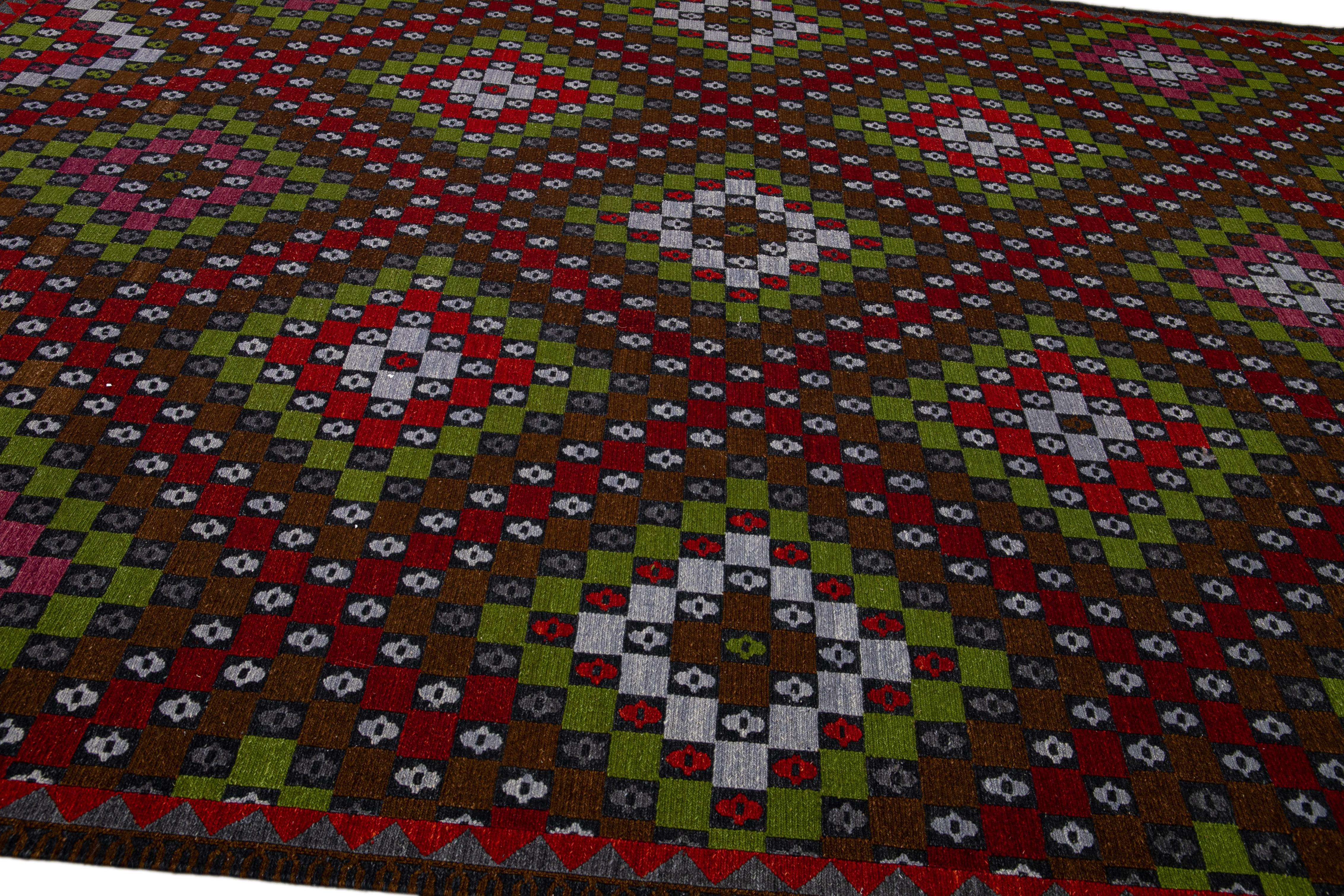 Brown Modern Soumak Handmade Multicolor Geometric Designed Wool Rug For Sale 2