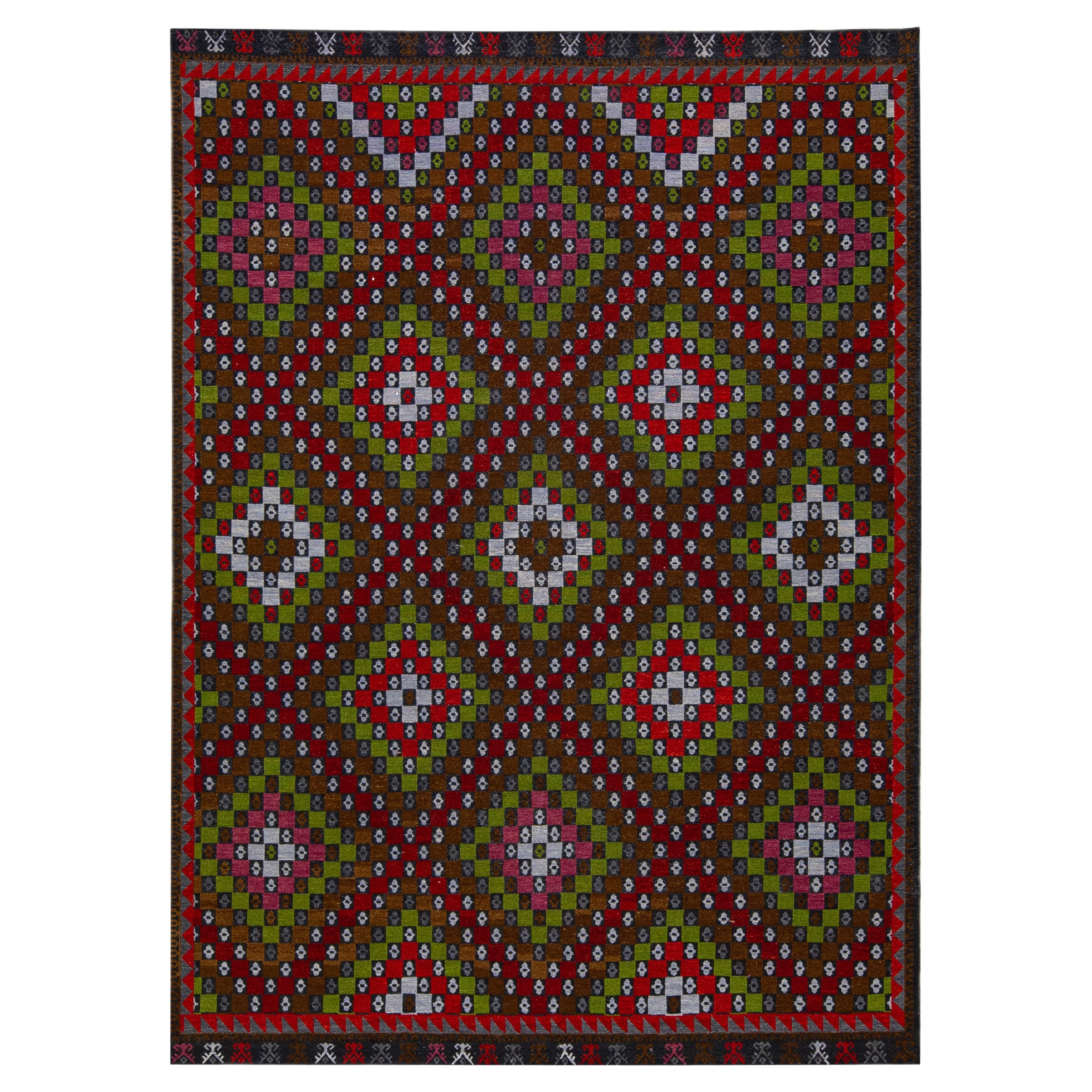 Tappeto di lana marrone moderno Soumak fatto a mano con disegno geometrico multicolore