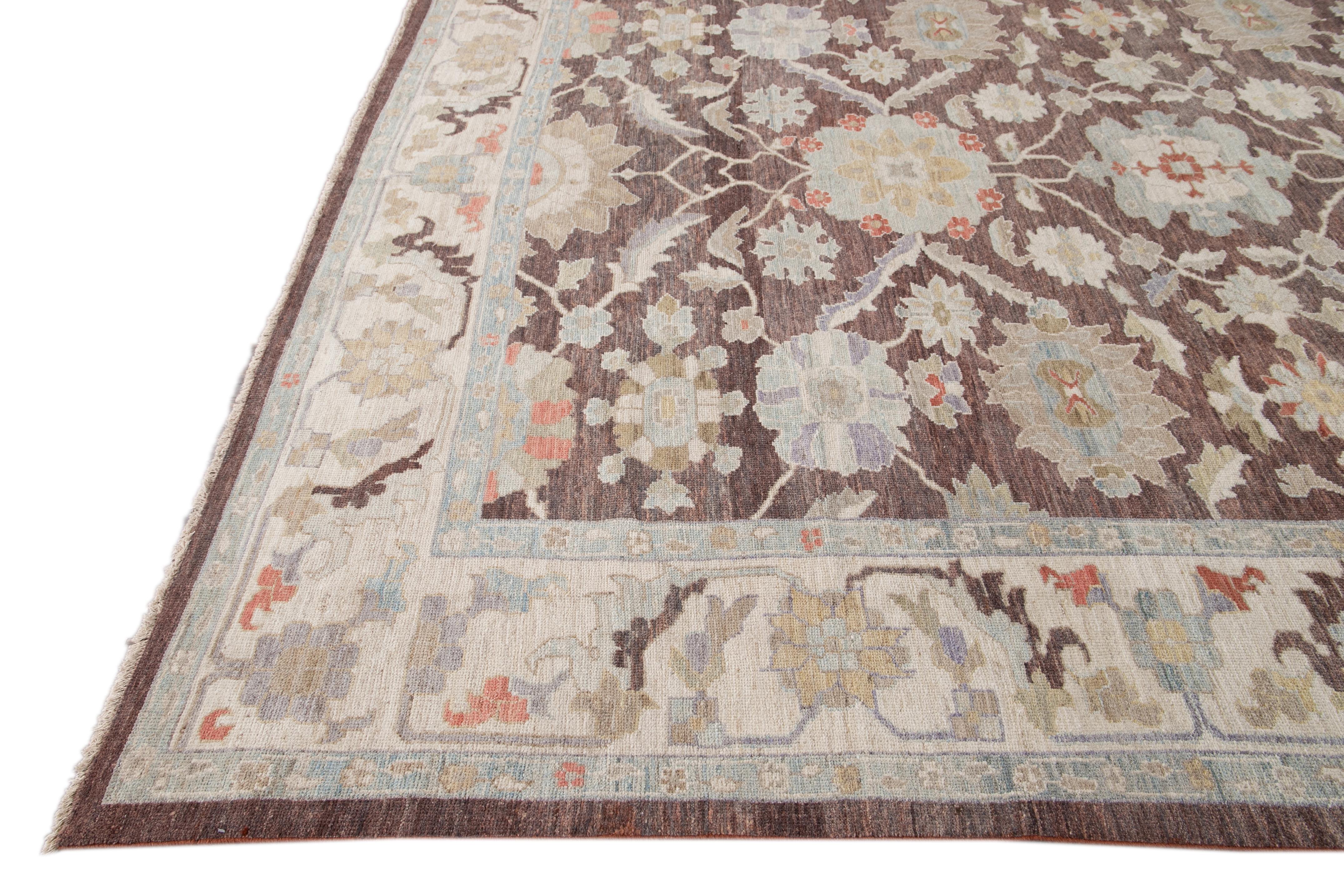 Hand-Knotted Brown Modern Sultanabad Handmade Oversize Wool Rug For Sale