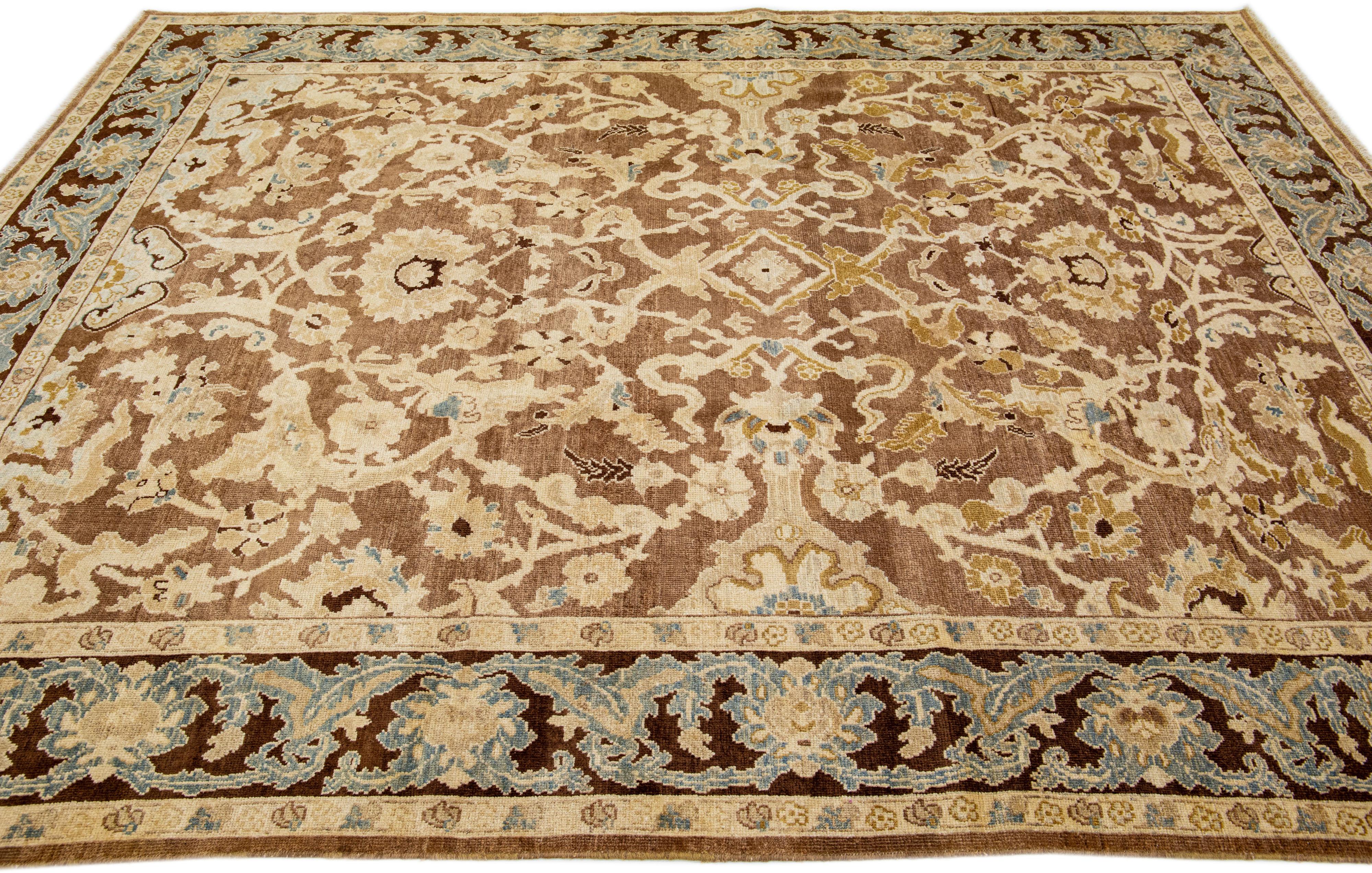 Hand-Knotted Brown Modern Sultanabad Wool Rug Handmade with Allover Floral Motif For Sale