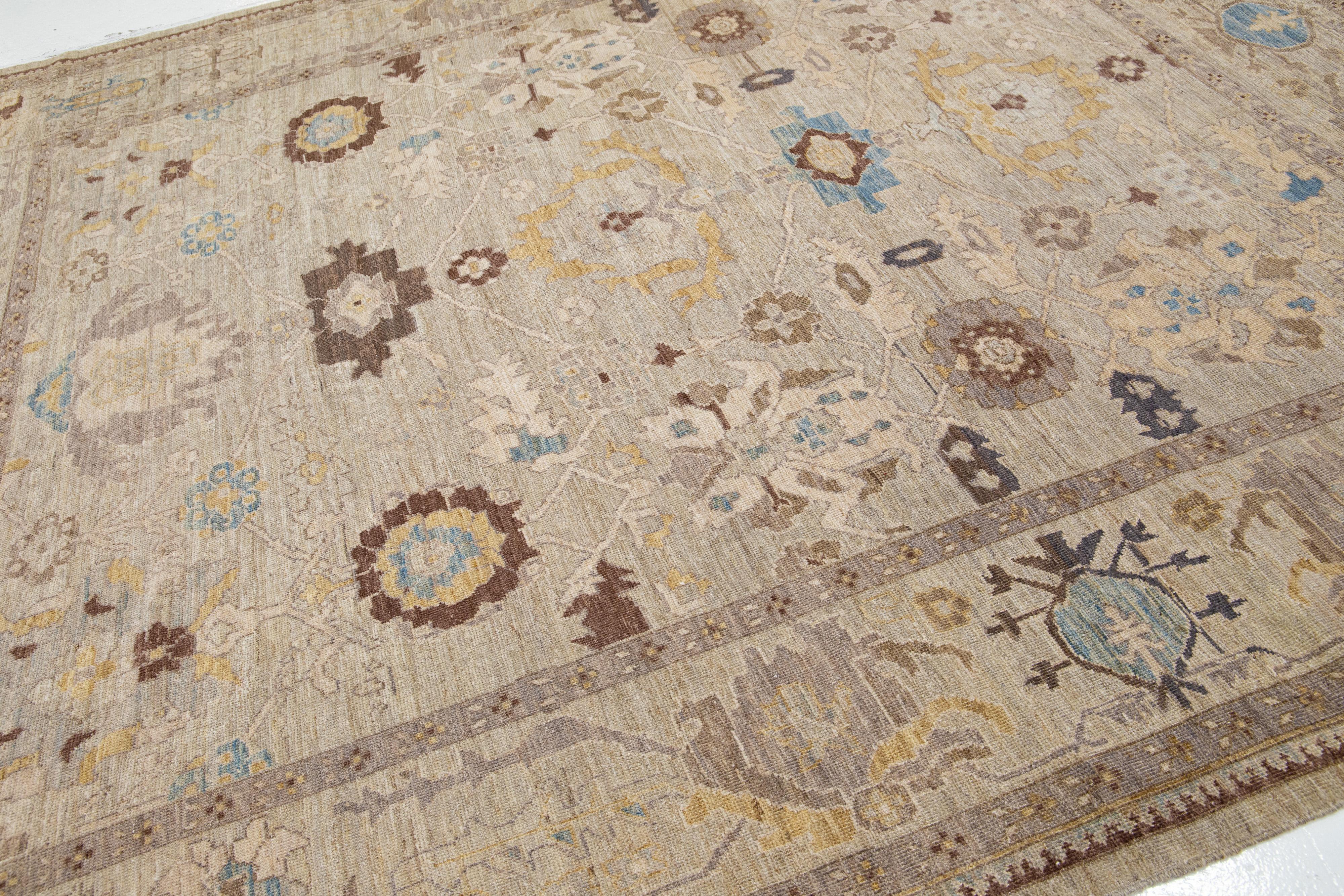 Pakistani Brown Modern Sultanabad Wool Rug with Floral Design For Sale