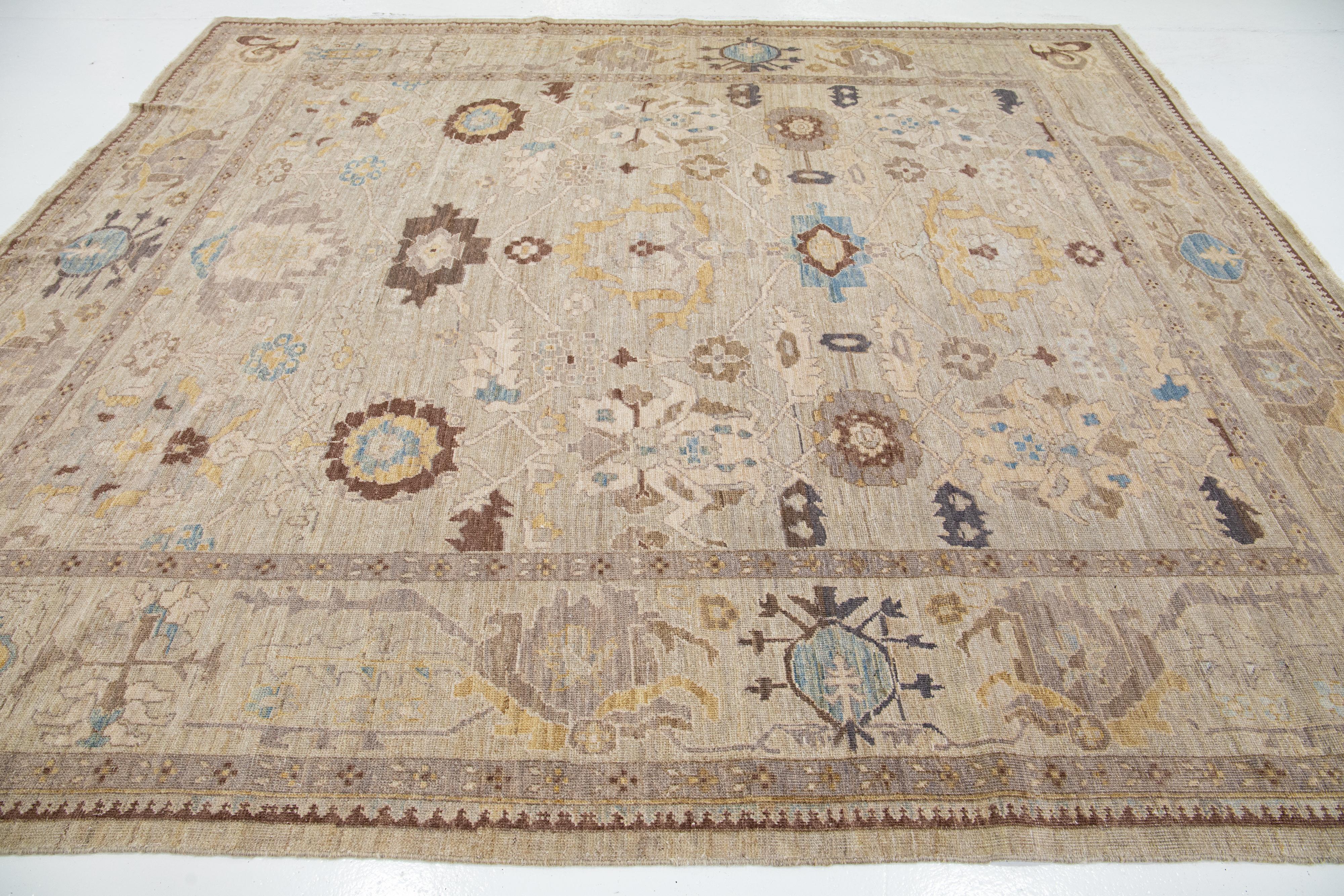 Hand-Knotted Brown Modern Sultanabad Wool Rug with Floral Design For Sale