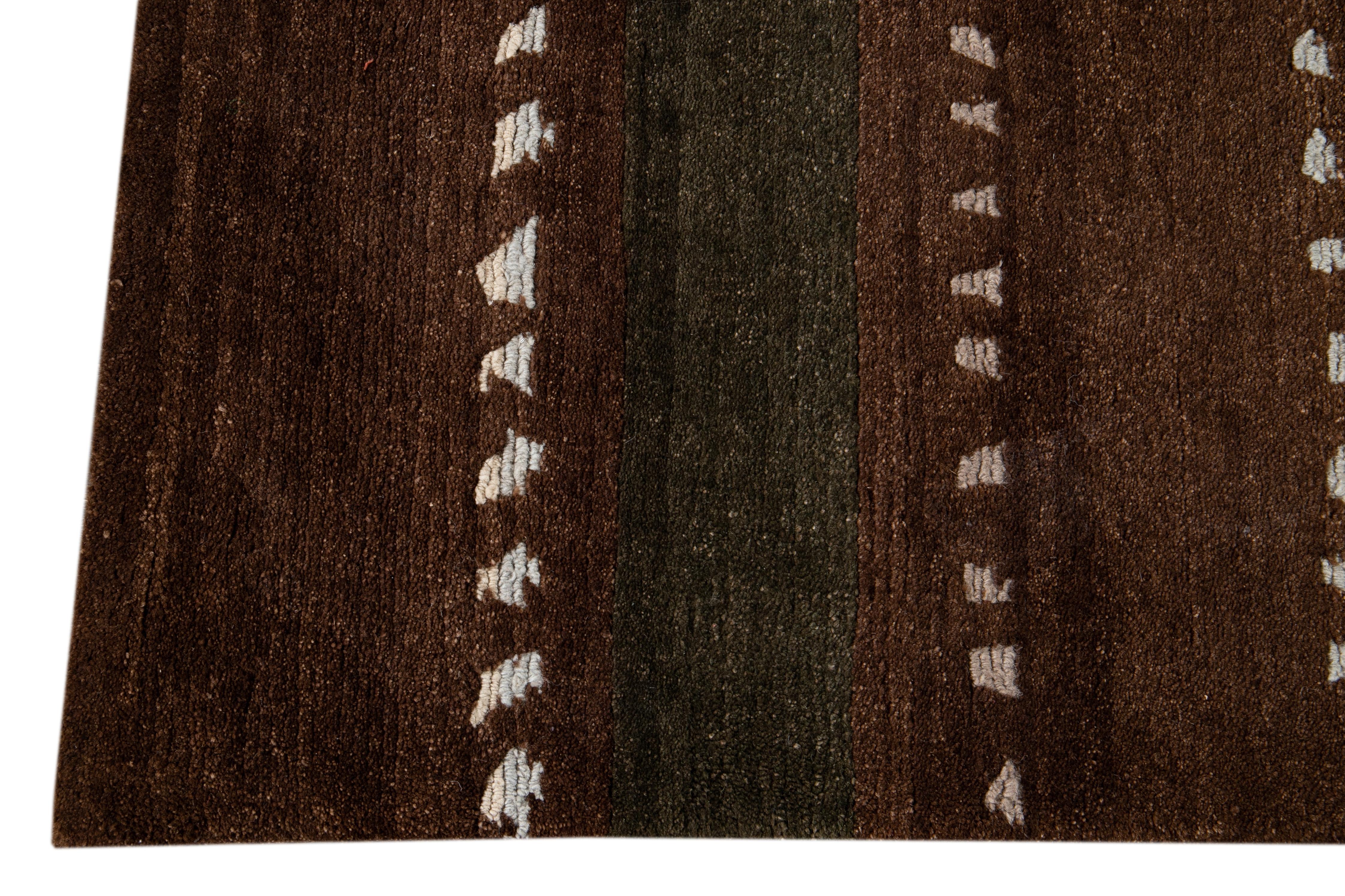 Hand-Knotted Brown Modern Tibetan Lama Wool Rug For Sale