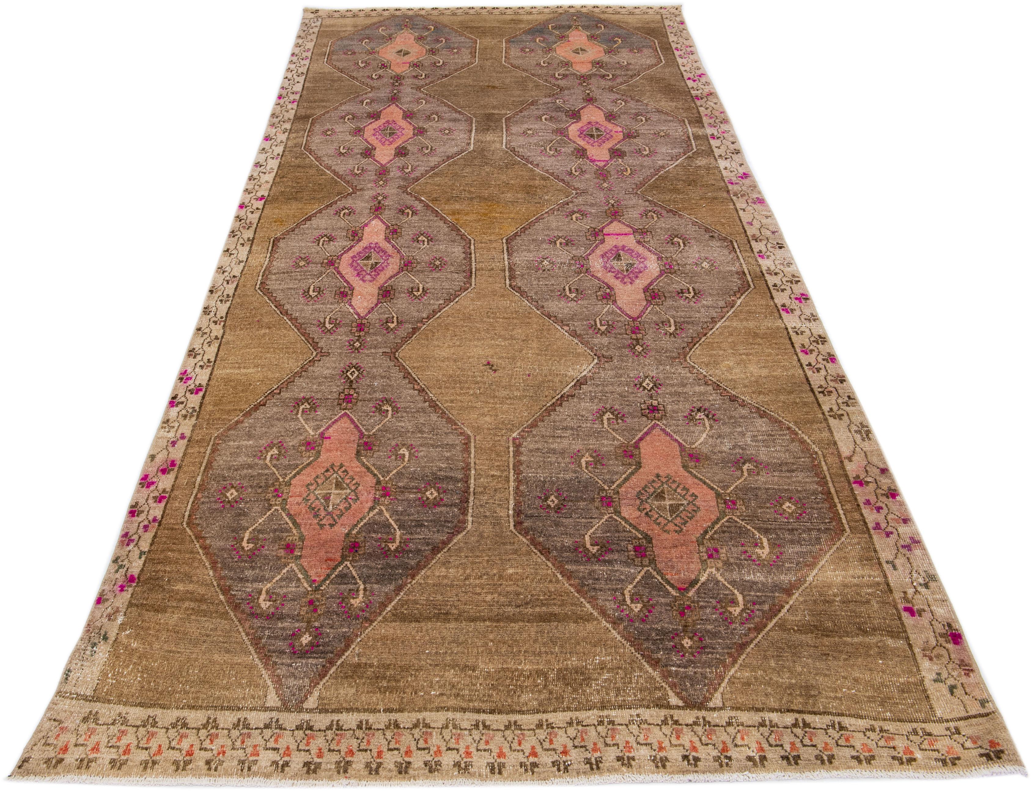 Kilim Brown Modern Turkish Handmade Tribal Motif Wool Runner For Sale